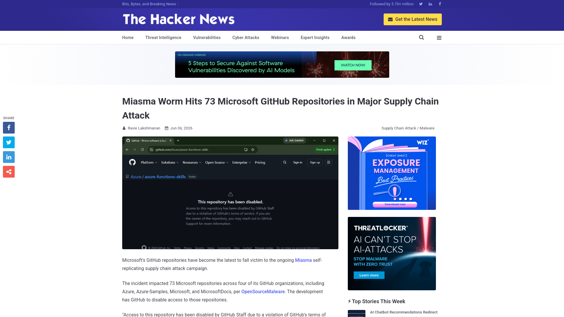 Miasma Worm Hits 73 Microsoft GitHub Repositories in Major Supply Chain Attack