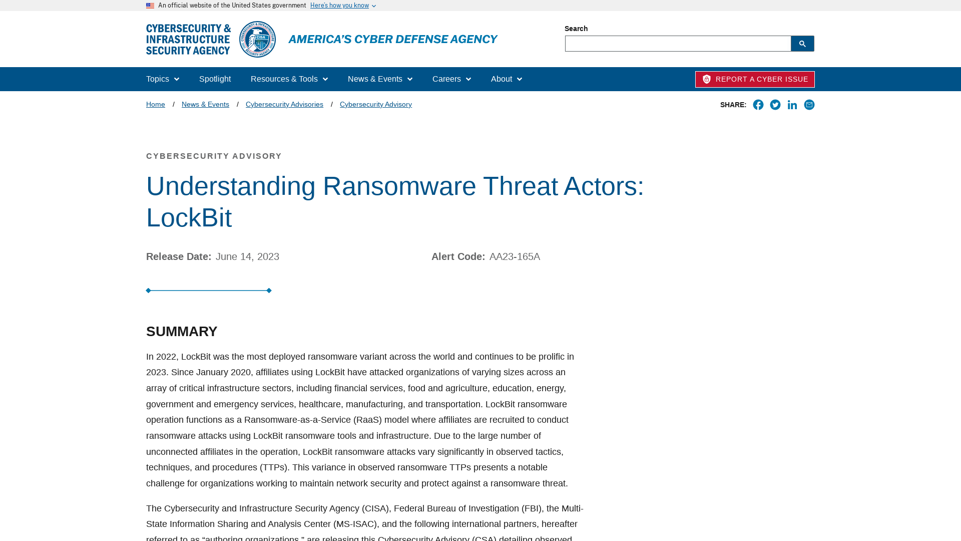 Understanding Ransomware Threat Actors: LockBit | CISA