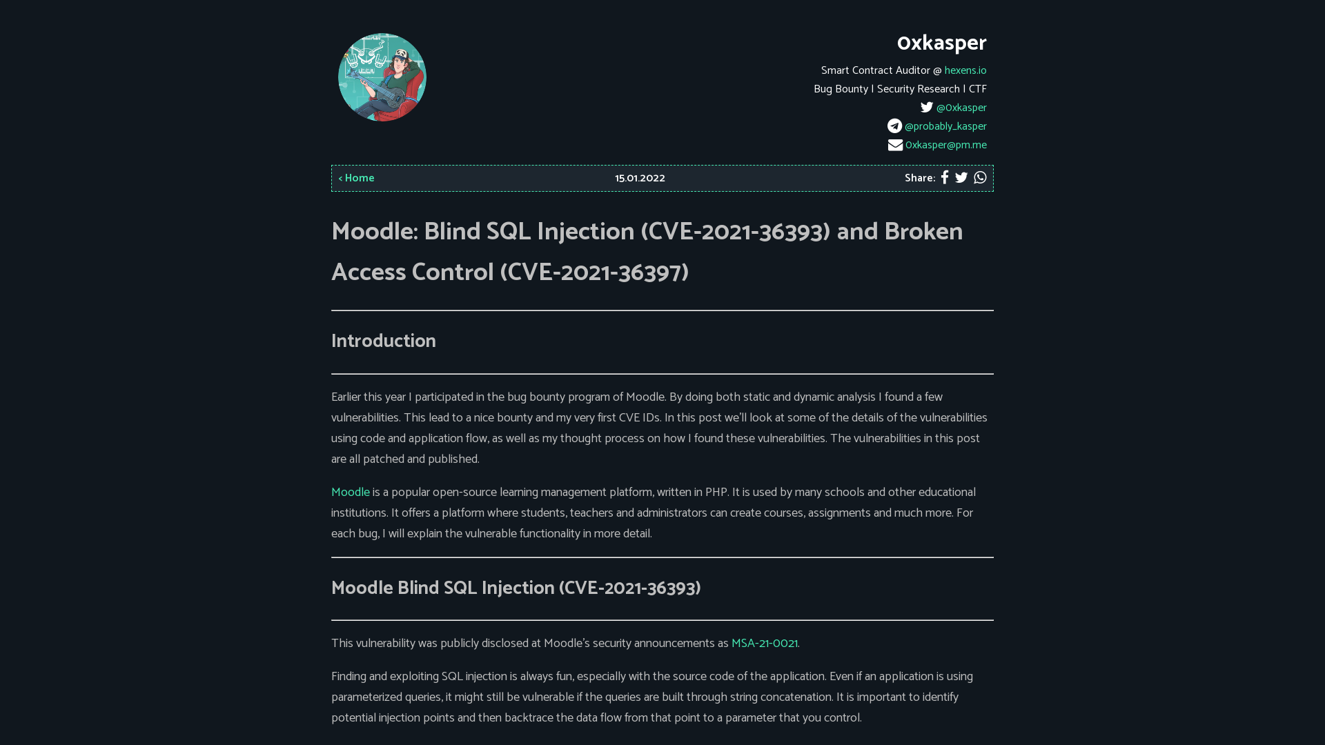 Moodle: Blind SQL Injection (CVE-2021-36393) and Broken Access Control (CVE-2021-36397) - 0xkasper