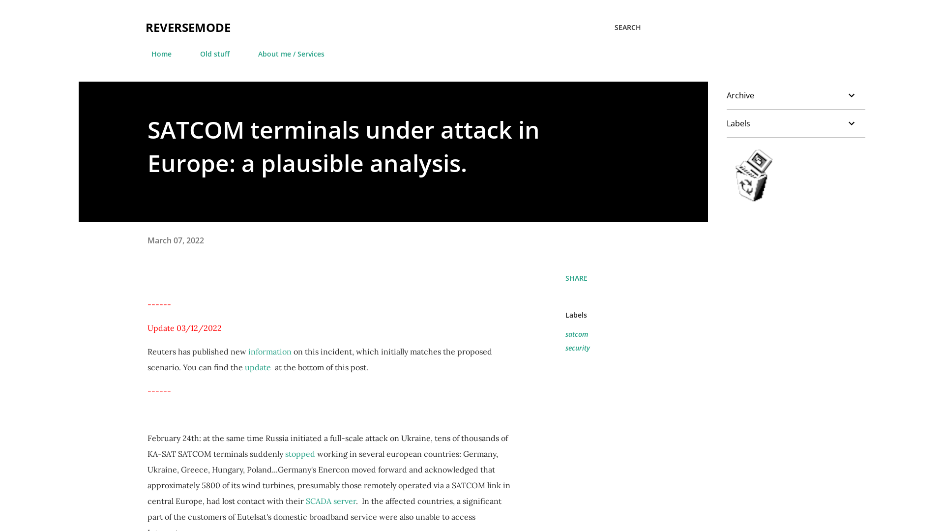 SATCOM terminals under attack in Europe: a plausible analysis.