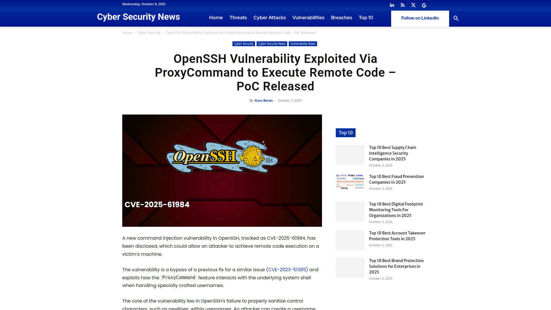 OpenSSH Vulnerability Exploited Via ProxyCommand to Execute Remote Code