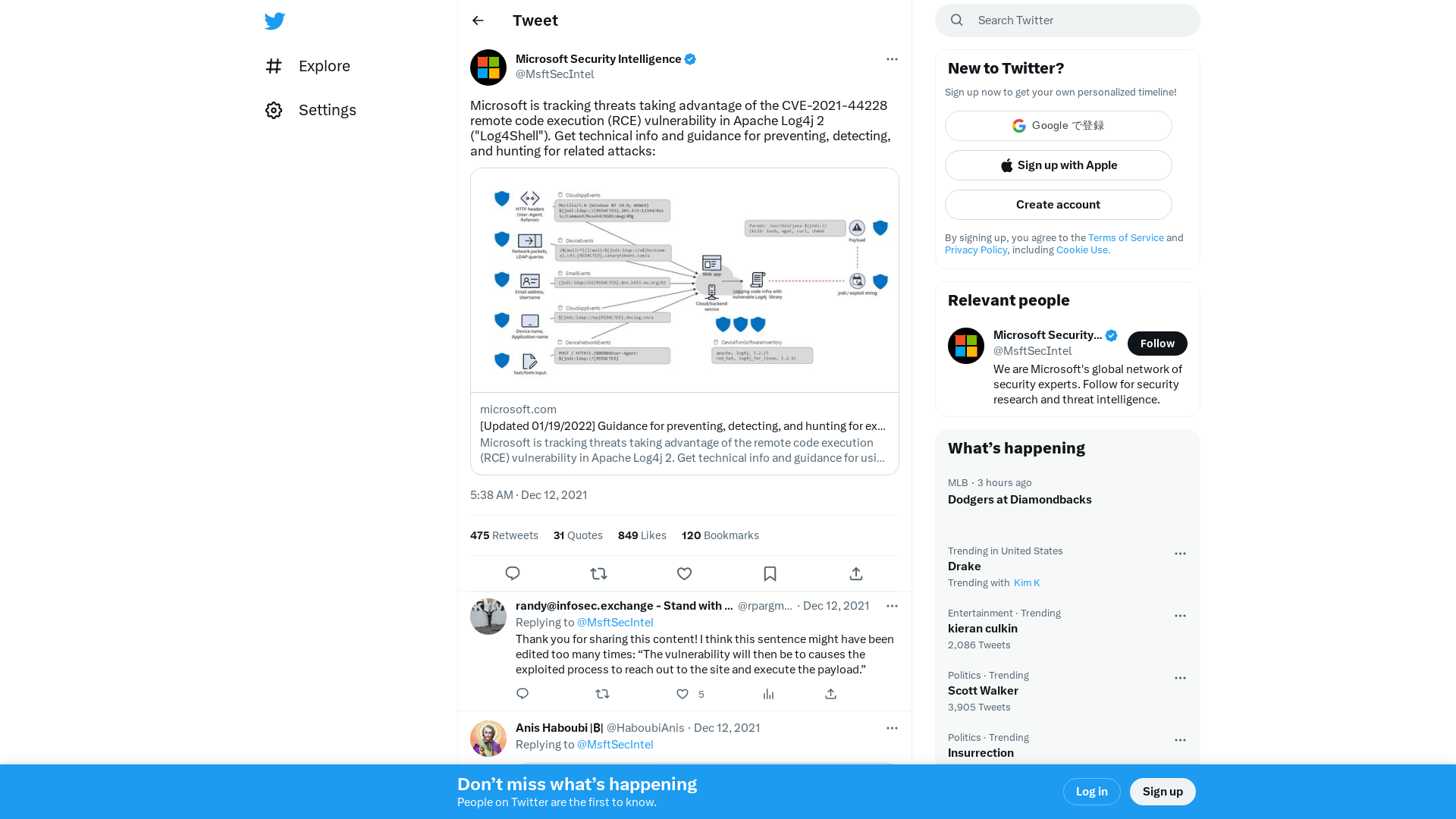 Microsoft Security Intelligence on Twitter: "Microsoft is tracking threats taking advantage of the CVE-2021-44228 remote code execution (RCE) vulnerability in Apache Log4j 2 ("Log4Shell"). Get technical info and guidance for preventing, detecting, and hunting for related attacks: https://t.co/vOB7R1LXlj" / Twitter