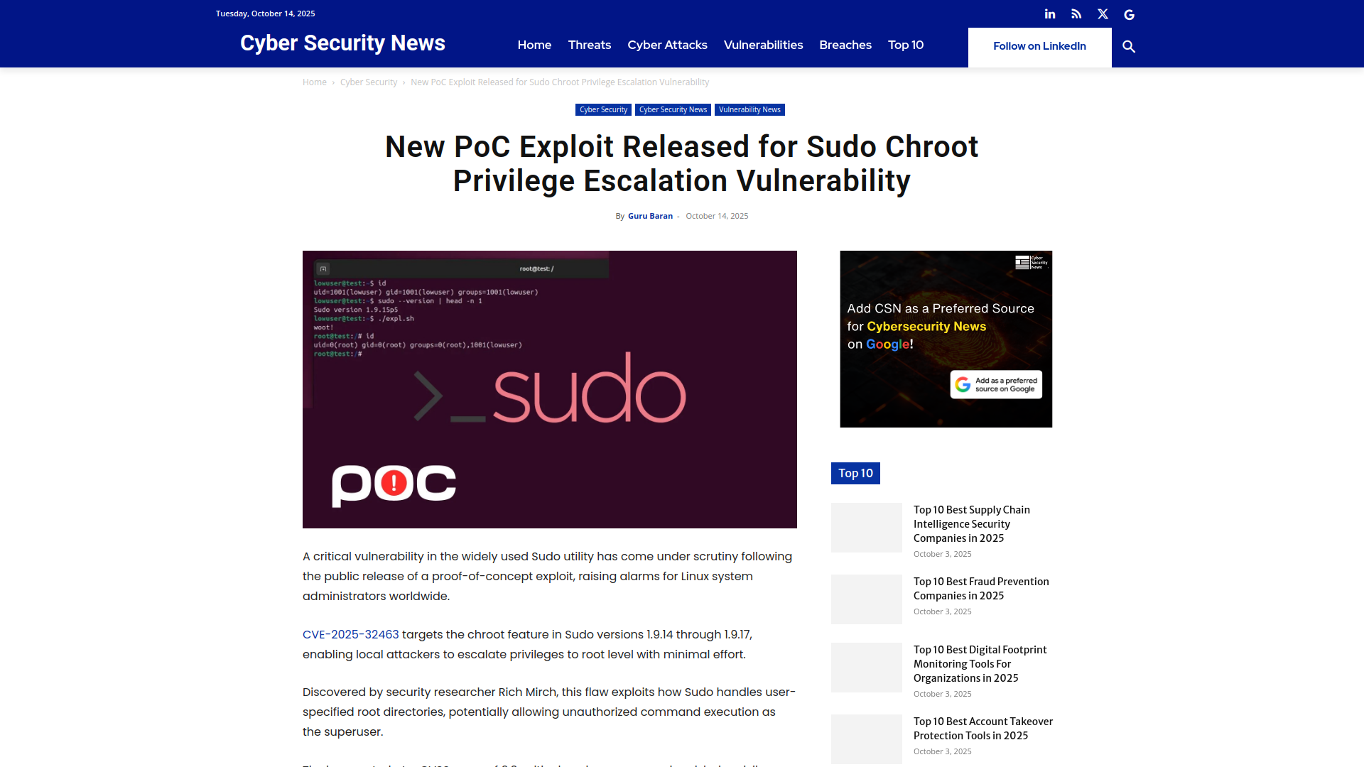 New PoC Exploit Released for Sudo Chroot Privilege Escalation Vulnerability