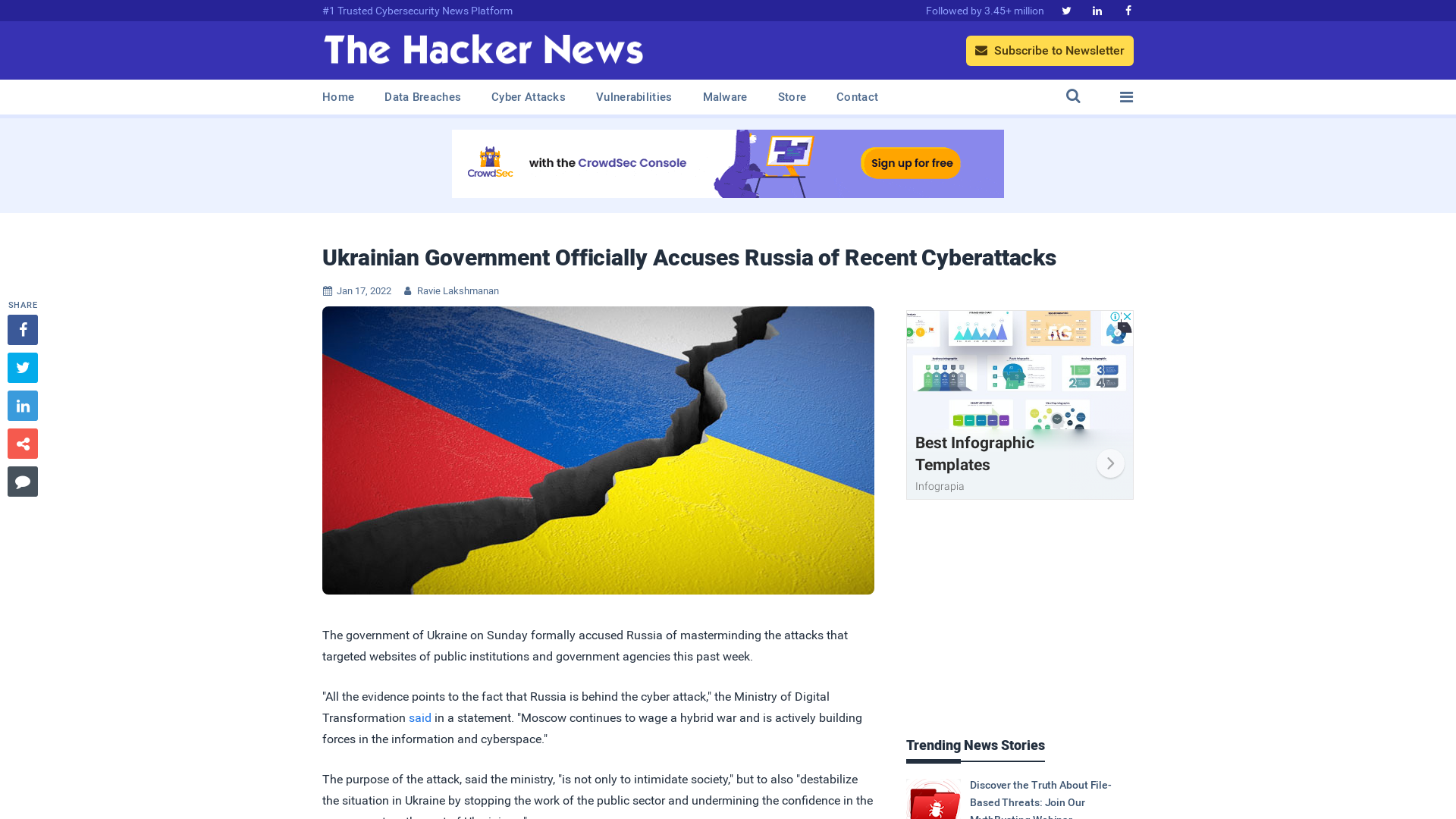 Ukrainian Government Officially Accuses Russia of Recent Cyberattacks