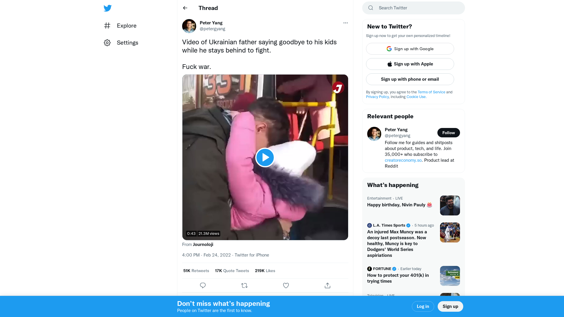 Peter Yang on Twitter: "Video of Ukrainian father saying goodbye to his kids while he stays behind to fight. Fuck war. https://t.co/rvIzotI8pE" / Twitter
