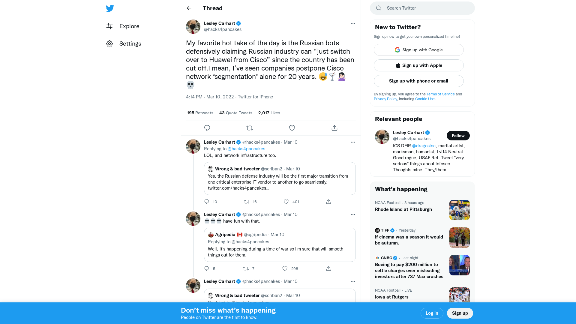 Lesley Carhart on Twitter: "My favorite hot take of the day is the Russian bots defensively claiming Russian industry can “just switch over to Huawei from Cisco” since the country has been cut off.I mean, I’ve seen companies postpone Cisco network *segmentation* alone for 20 years. 😅🍸🤷🏻‍♀️💀" / Twitter