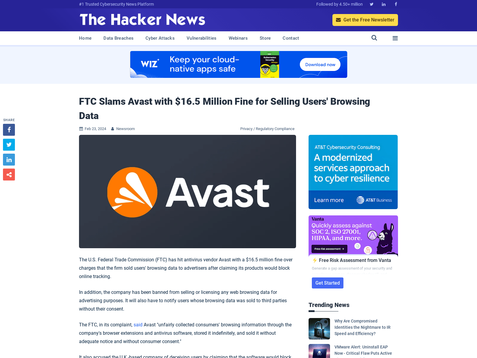 FTC Slams Avast with $16.5 Million Fine for Selling Users' Browsing Data