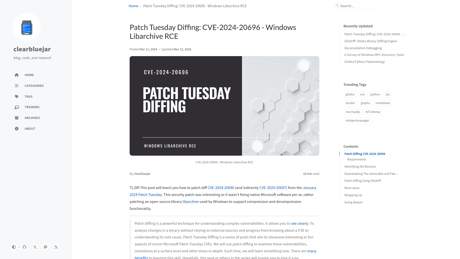 Patch Tuesday Diffing: CVE-2024-20696 - Windows Libarchive RCE | clearbluejar