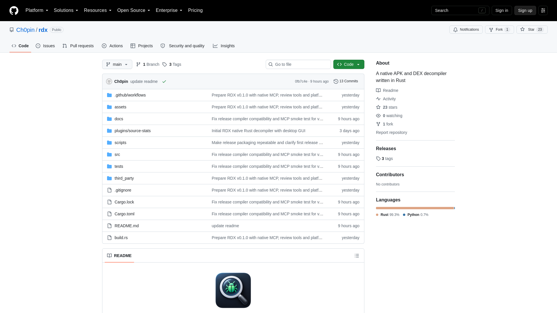 GitHub - Ch0pin/rdx: A native APK and DEX decompiler written in Rust · GitHub