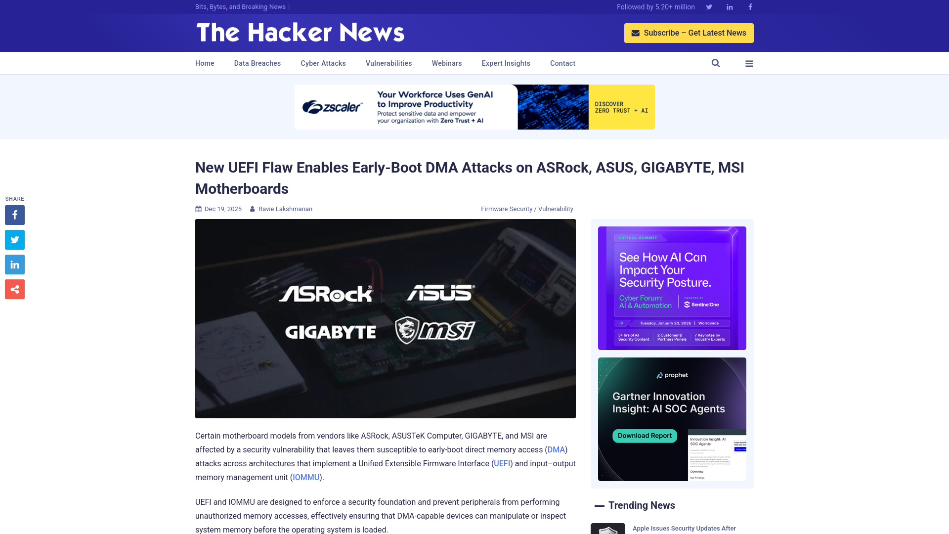 New UEFI Flaw Enables Early-Boot DMA Attacks on ASRock, ASUS, GIGABYTE, MSI Motherboards