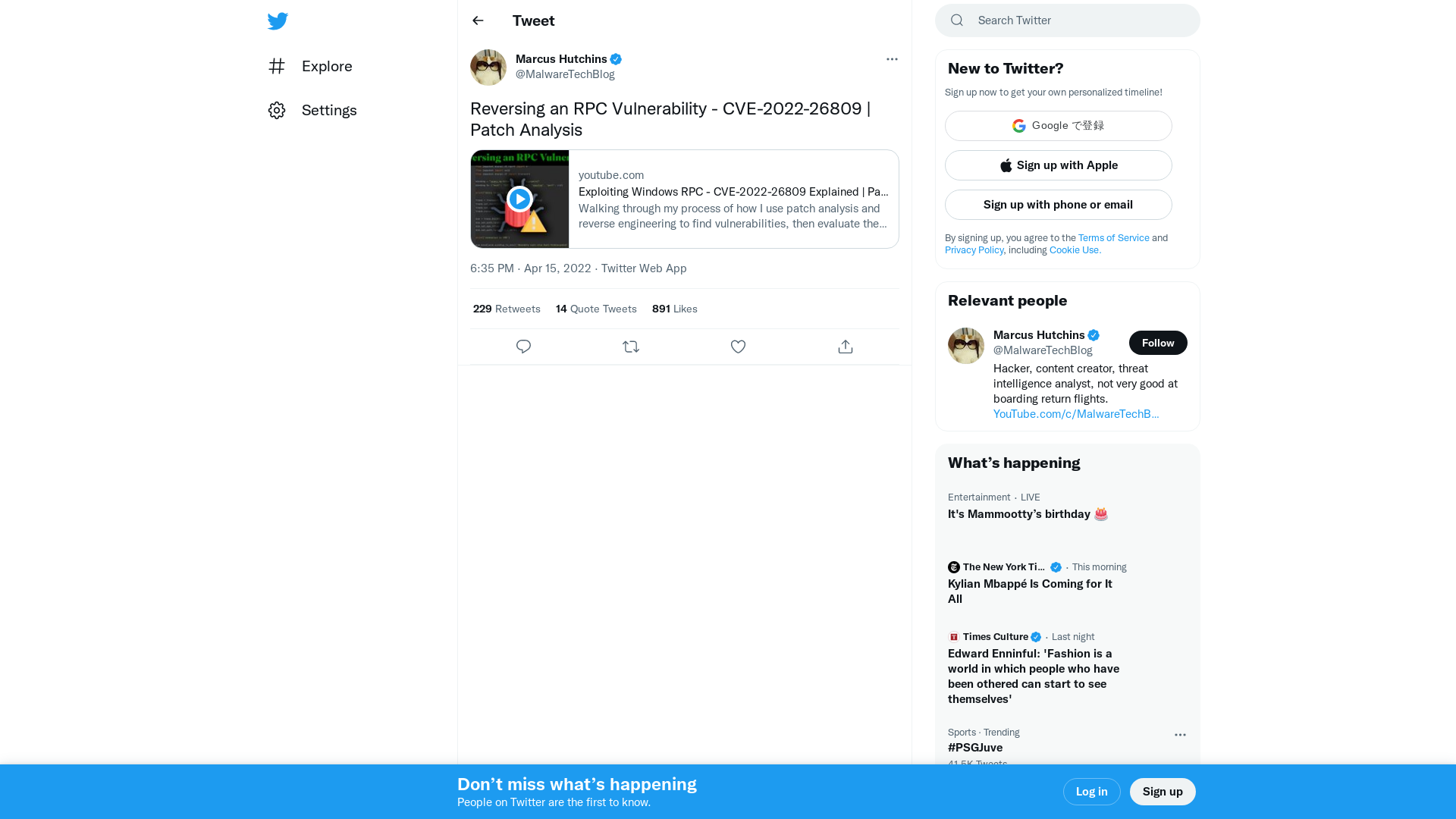 Marcus Hutchins on Twitter: "Reversing an RPC Vulnerability - CVE-2022-26809 | Patch Analysis https://t.co/HMHOrkpOPR" / Twitter