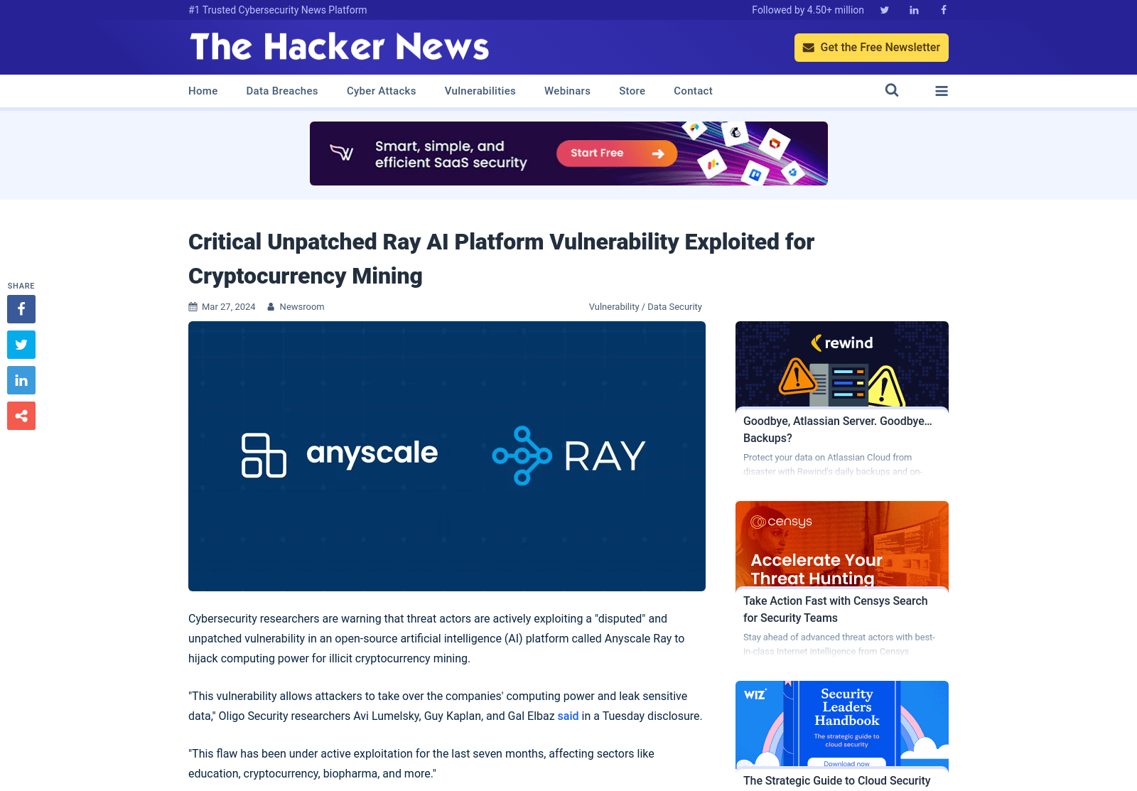 Critical Unpatched Ray AI Platform Vulnerability Exploited for Cryptocurrency Mining