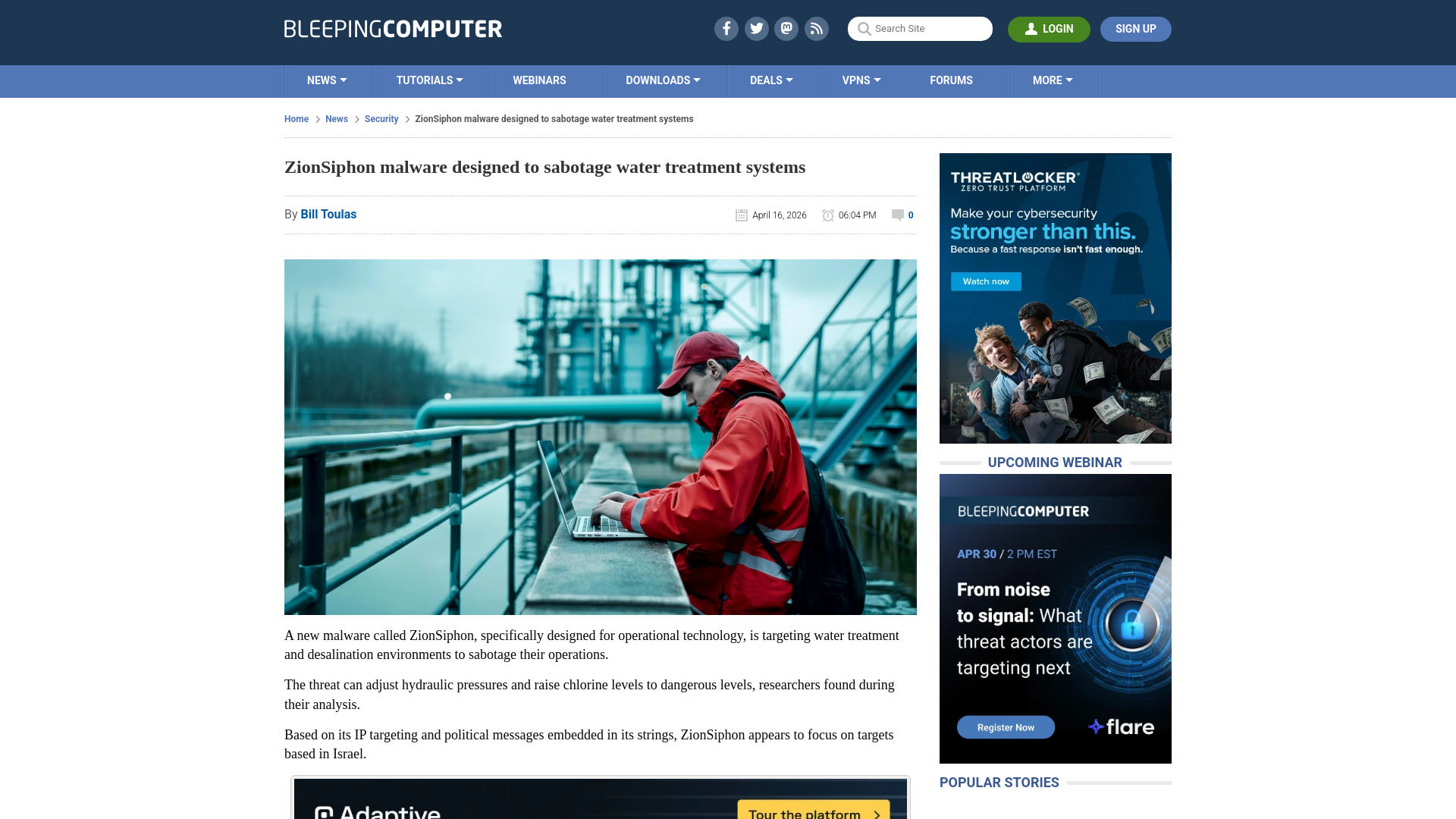 ZionSiphon malware designed to sabotage water treatment systems