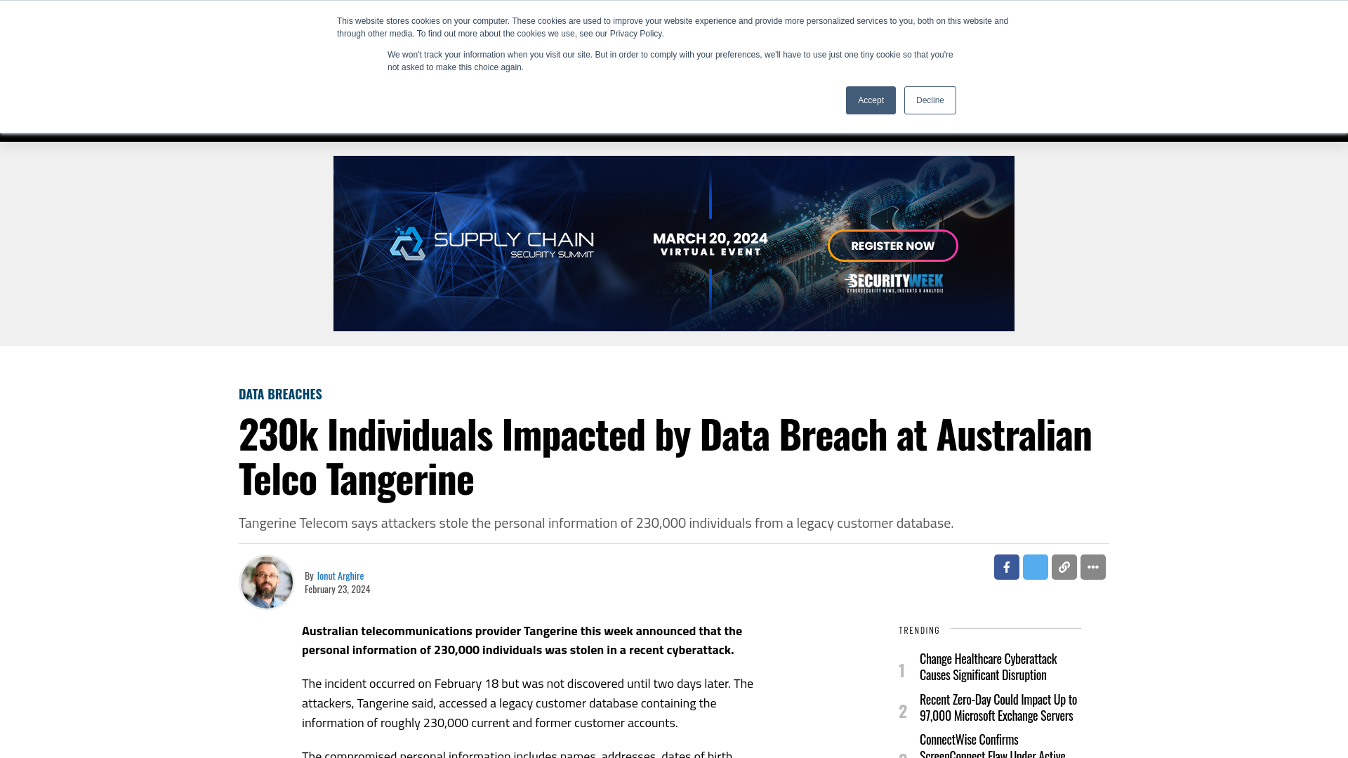 230k Individuals Impacted by Data Breach at Australian Telco Tangerine - SecurityWeek