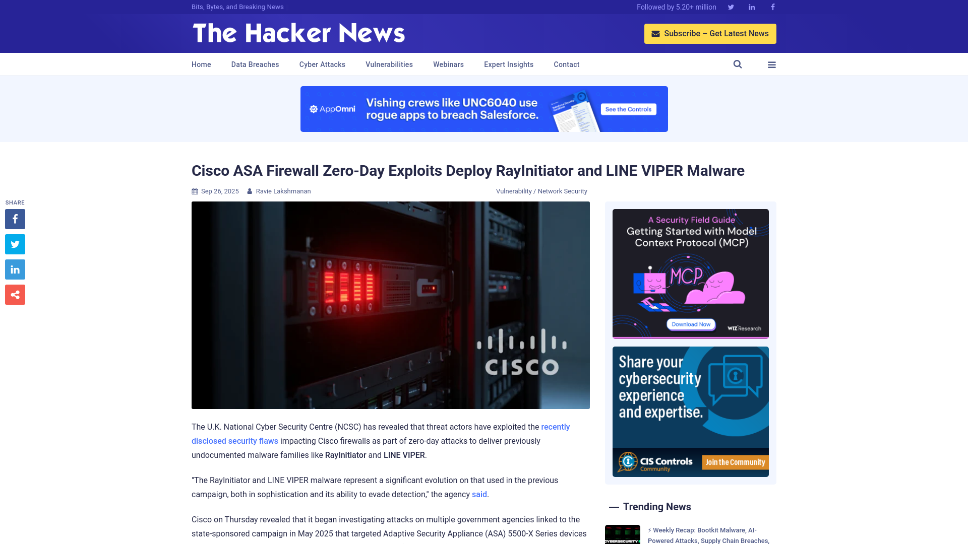 Cisco ASA Firewall Zero-Day Exploits Deploy RayInitiator and LINE VIPER Malware