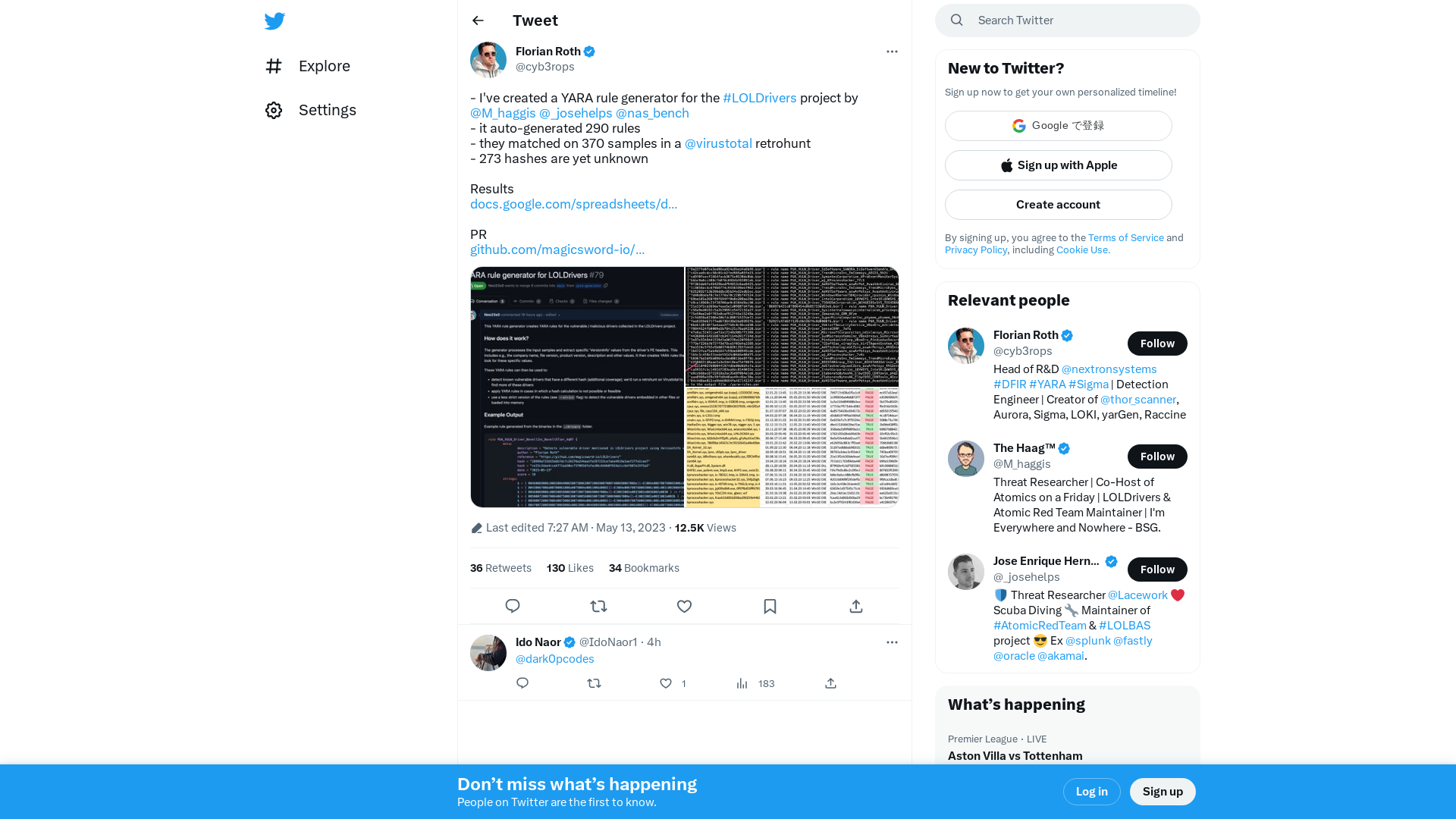 Florian Roth on Twitter: "- I've created a YARA rule generator for the #LOLDrivers project by @M_haggis @_josehelps @nas_bench - it auto-generated 290 rules - they matched on 370 samples in a @virustotal retrohunt - 273 hashes are yet unknown Results https://t.co/NGduy38w6z PR https://t.co/Ath3mkjcgM https://t.co/JexRrf0VNn" / Twitter