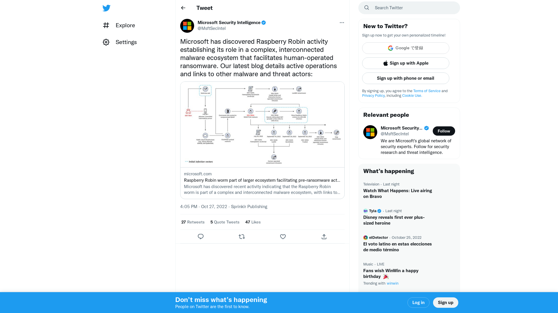 Microsoft Security Intelligence on Twitter: "Microsoft has discovered Raspberry Robin activity establishing its role in a complex, interconnected malware ecosystem that facilitates human-operated ransomware. Our latest blog details active operations and links to other malware and threat actors: https://t.co/Wm5nH3UQp9" / Twitter