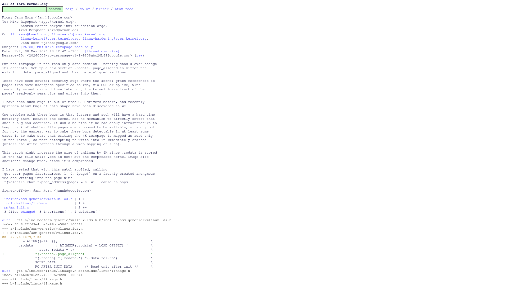 [PATCH] mm: make zeropage read-only - Jann Horn