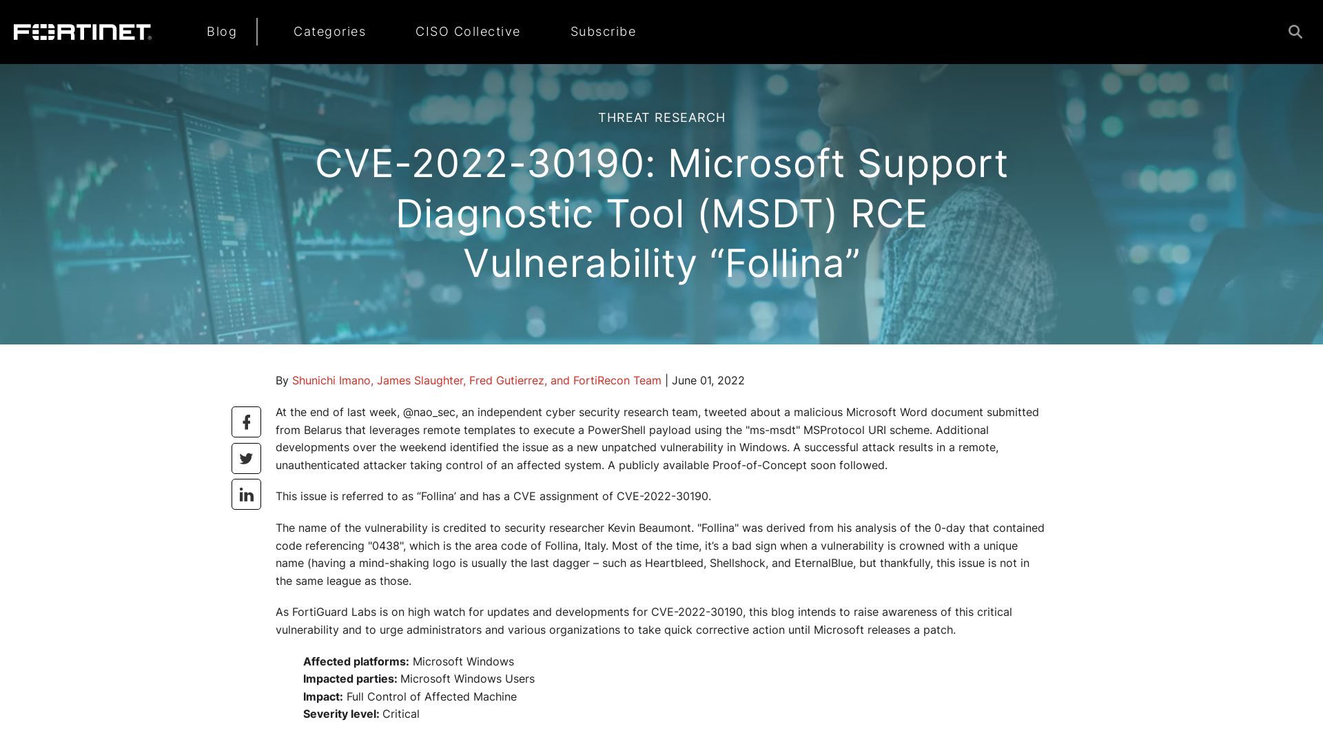 CVE-2022-30190: Microsoft Support Diagnostic Tool (MSDT) RCE Vulnerability “Follina” | FortiGuard Labs 