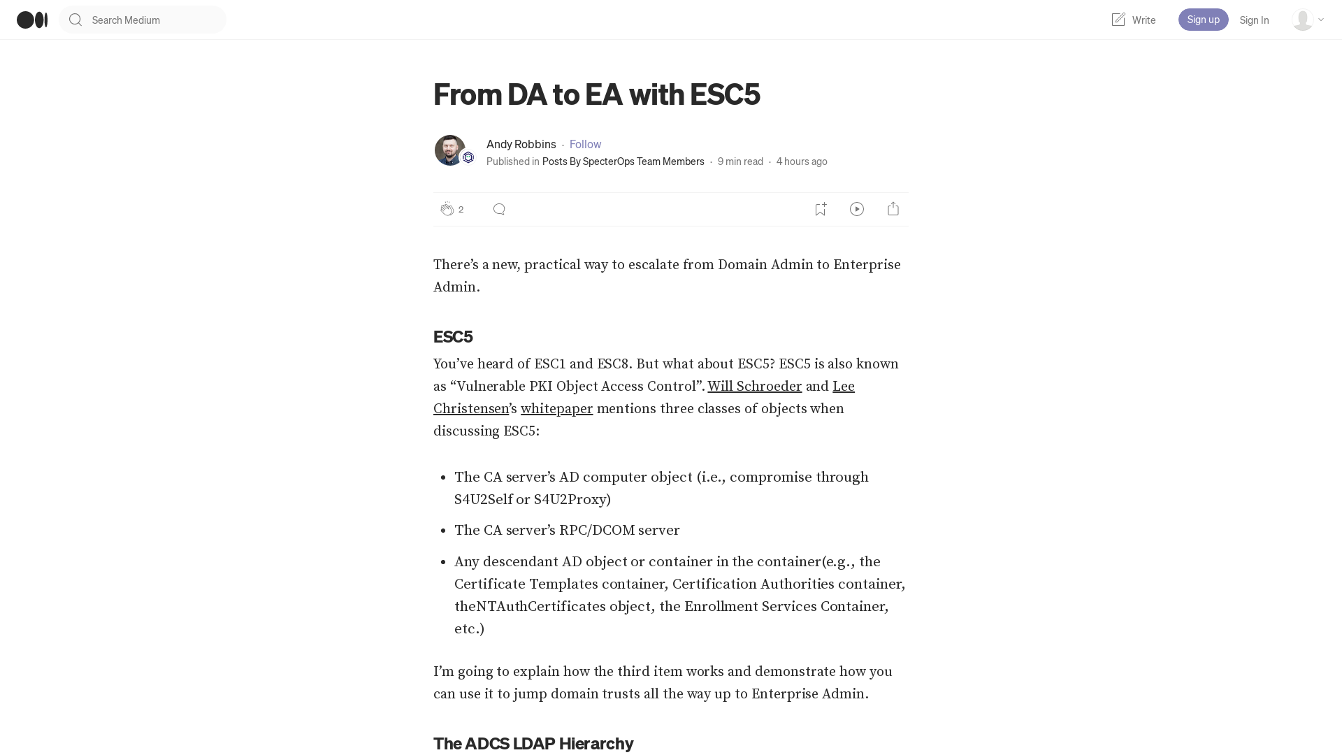 From DA to EA with ESC5. There’s a new, practical way to… | by Andy Robbins | May, 2023 | Posts By SpecterOps Team Members