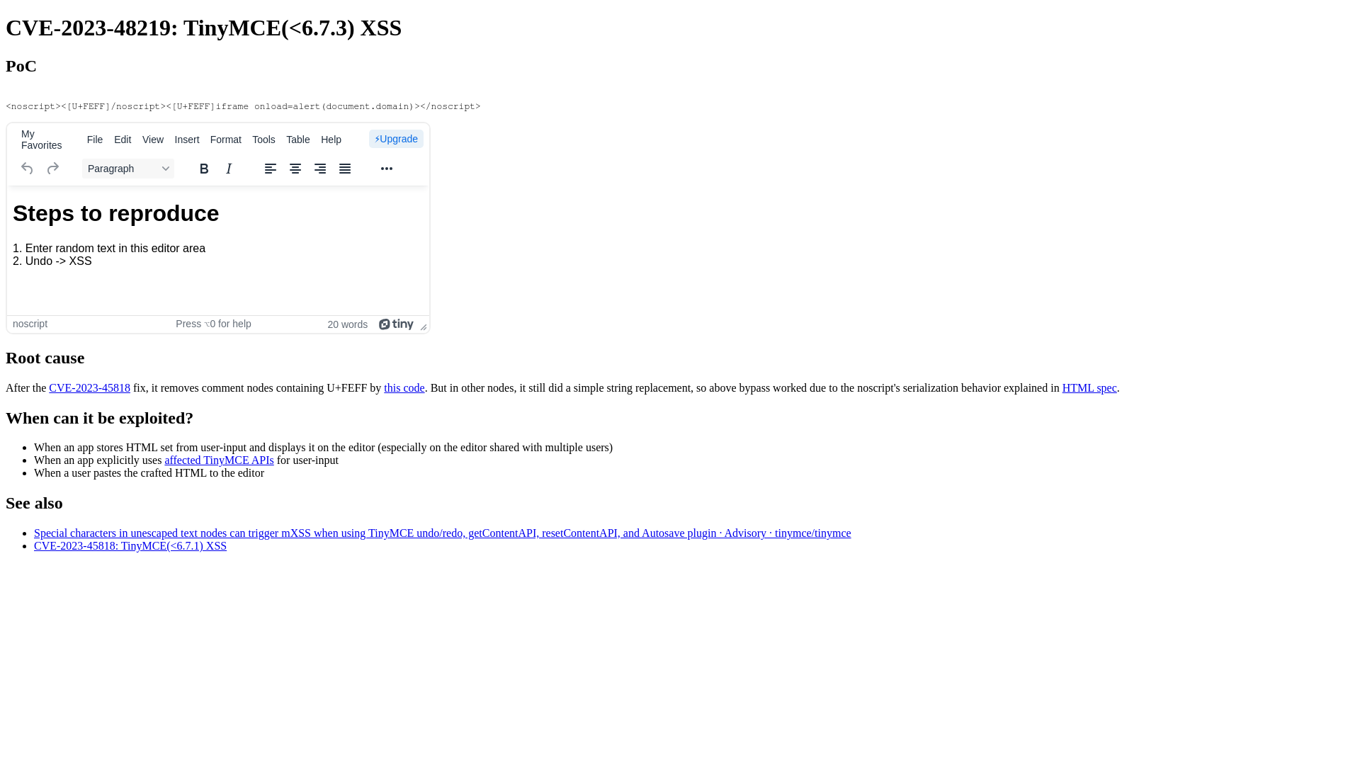 CVE-2023-48219: TinyMCE(<6.7.3) XSS