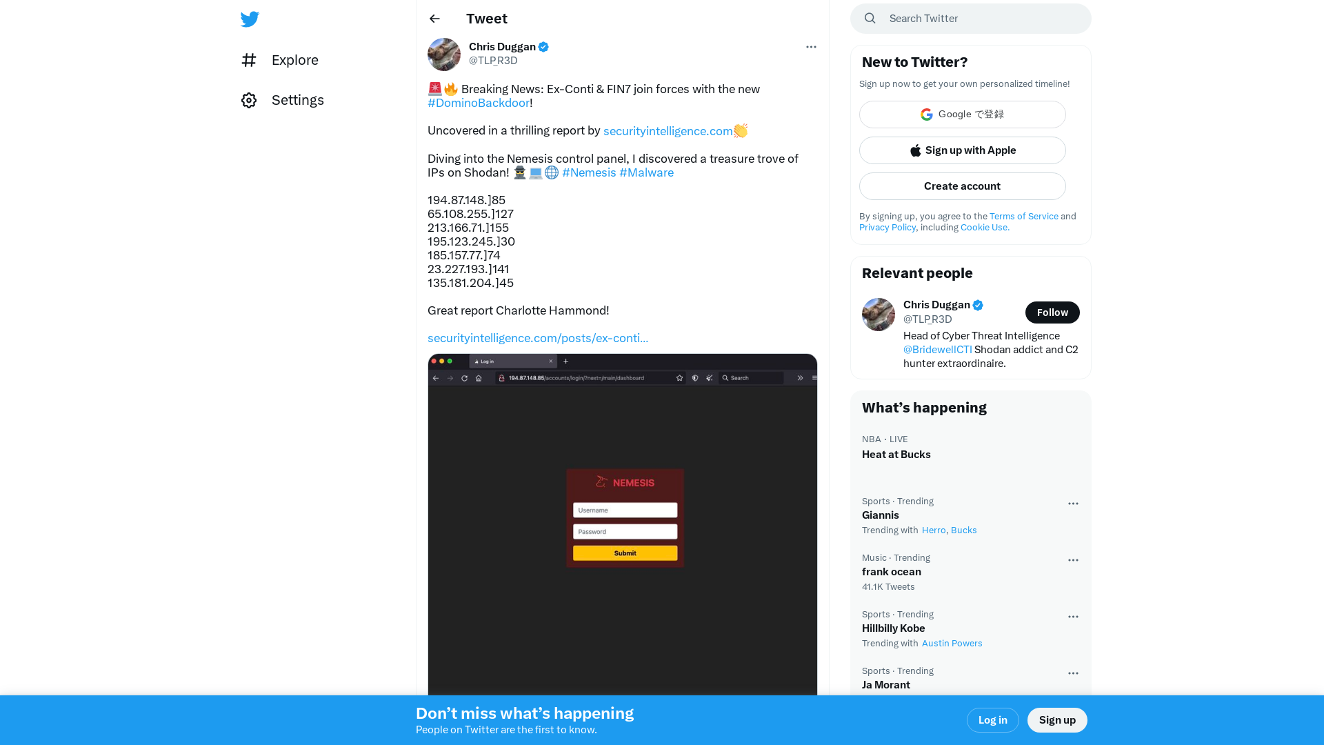 Chris Duggan on Twitter: "🚨🔥 Breaking News: Ex-Conti &amp; FIN7 join forces with the new #DominoBackdoor! Uncovered in a thrilling report by https://t.co/zoRMdgTAwl👏 Diving into the Nemesis control panel, I discovered a treasure trove of IPs on Shodan! 🕵️‍♂️💻🌐 #Nemesis #Malware 194.87.148.]85… https://t.co/WTSqQpA818" / Twitter