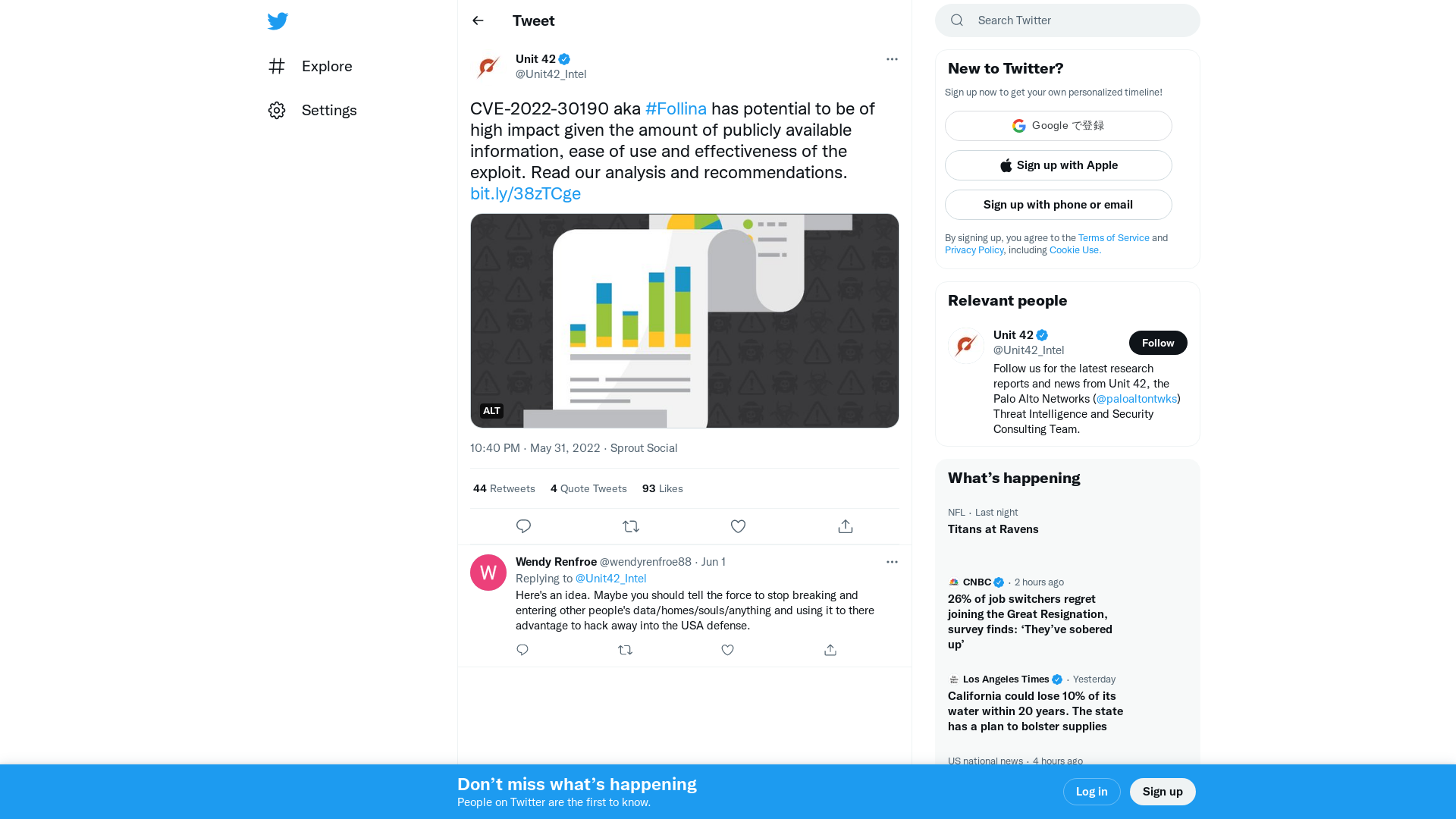 Unit 42 on Twitter: "CVE-2022-30190 aka #Follina has potential to be of high impact given the amount of publicly available information, ease of use and effectiveness of the exploit. Read our analysis and recommendations. https://t.co/F80W8RDjum https://t.co/Ro4IUSDzbG" / Twitter