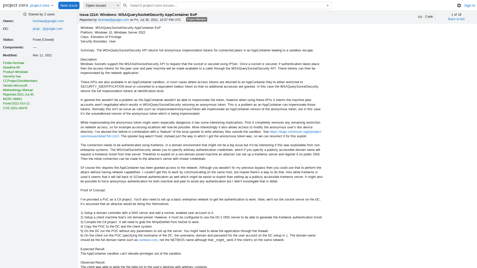 2214 - Windows: WSAQuerySocketSecurity AppContainer EoP - project-zero