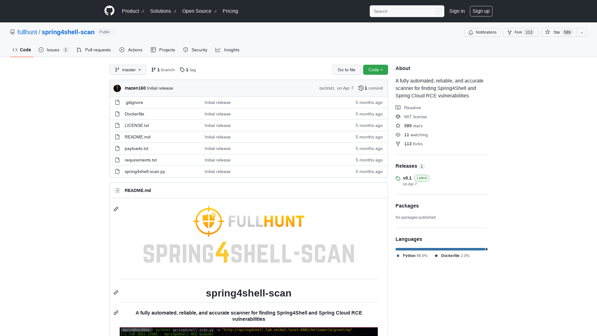 GitHub - fullhunt/spring4shell-scan: A fully automated, reliable, and accurate scanner for finding Spring4Shell and Spring Cloud RCE vulnerabilities