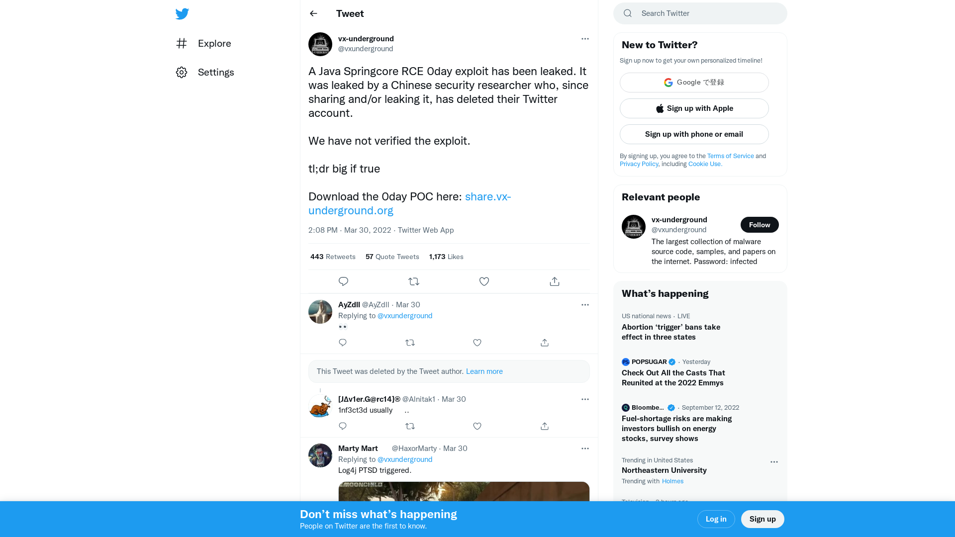 vx-underground on Twitter: "A Java Springcore RCE 0day exploit has been leaked. It was leaked by a Chinese security researcher who, since sharing and/or leaking it, has deleted their Twitter account. We have not verified the exploit. tl;dr big if true Download the 0day POC here: https://t.co/SgPCdI00TS" / Twitter