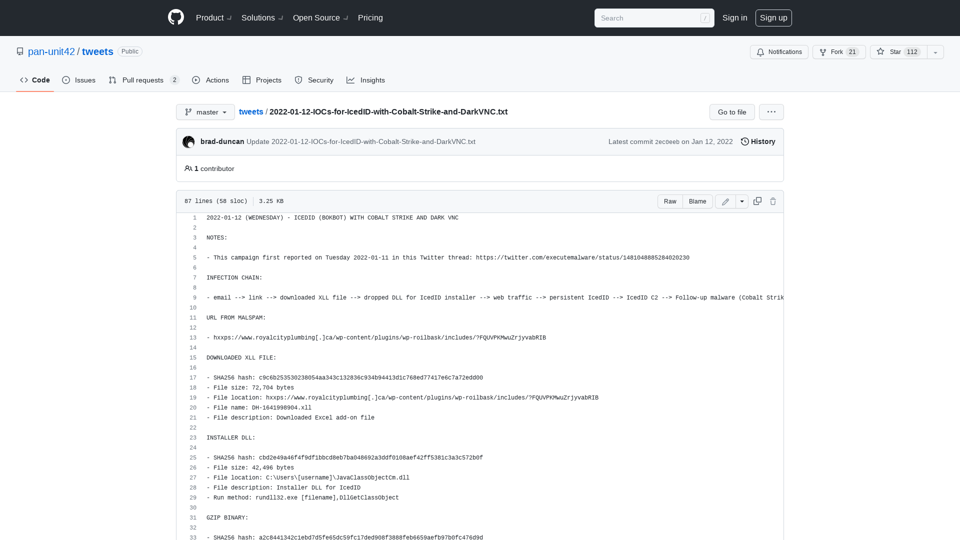 tweets/2022-01-12-IOCs-for-IcedID-with-Cobalt-Strike-and-DarkVNC.txt at master · pan-unit42/tweets · GitHub