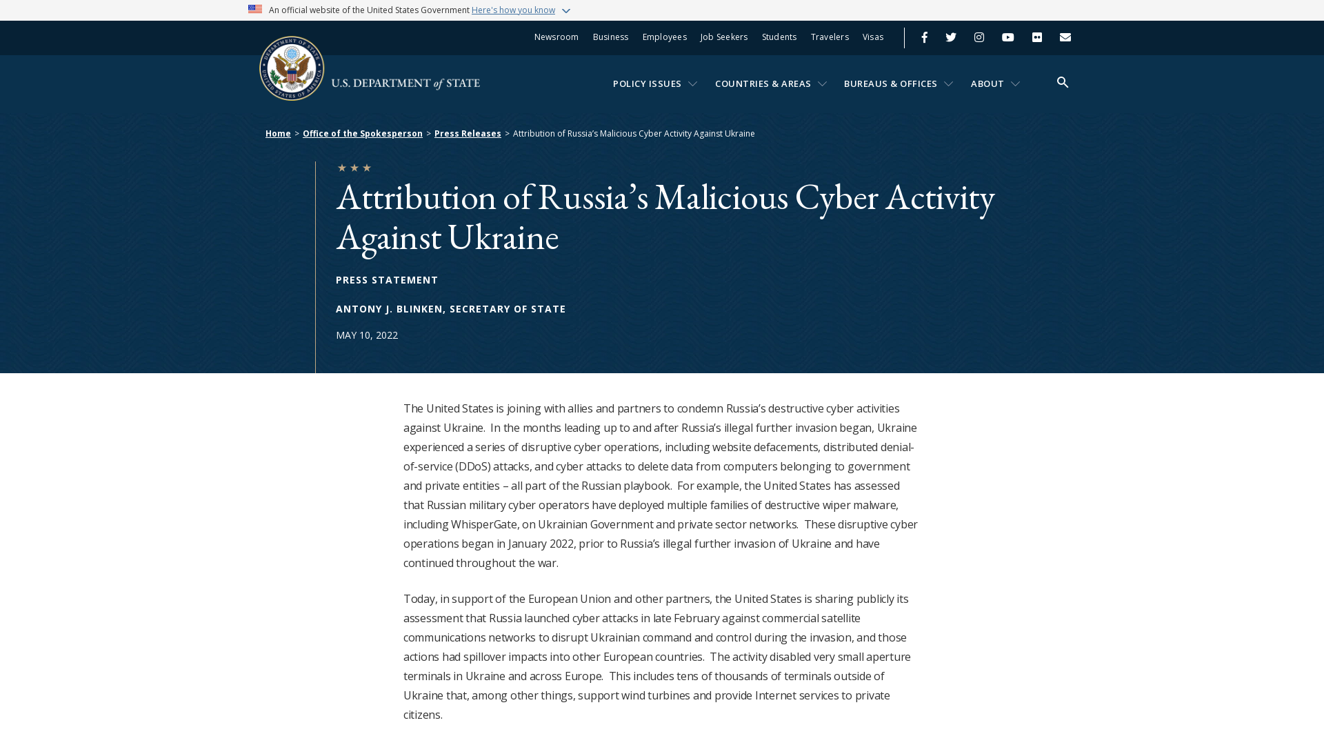 Attribution of Russia’s Malicious Cyber Activity Against Ukraine - United States Department of State