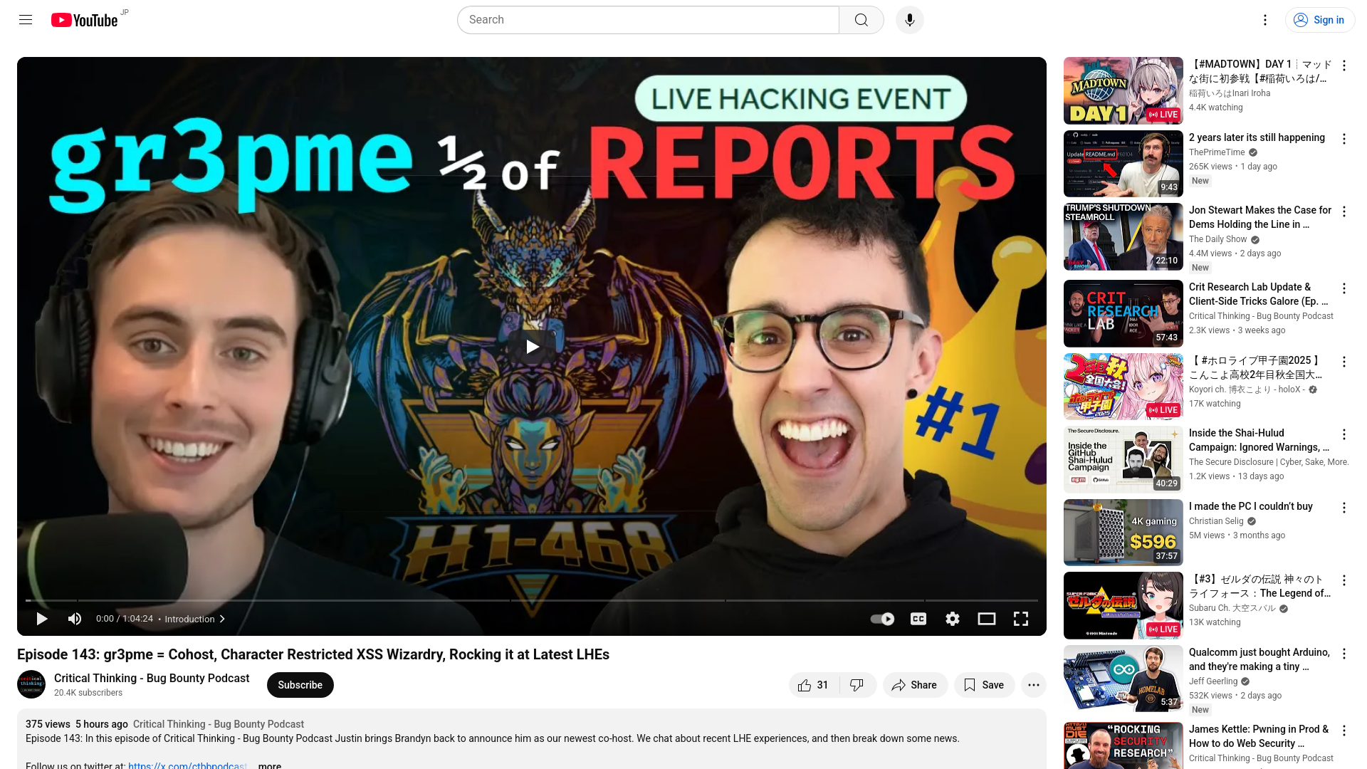 Episode 143: gr3pme = Cohost, Character Restricted XSS Wizardry, Rocking it at Latest LHEs - YouTube