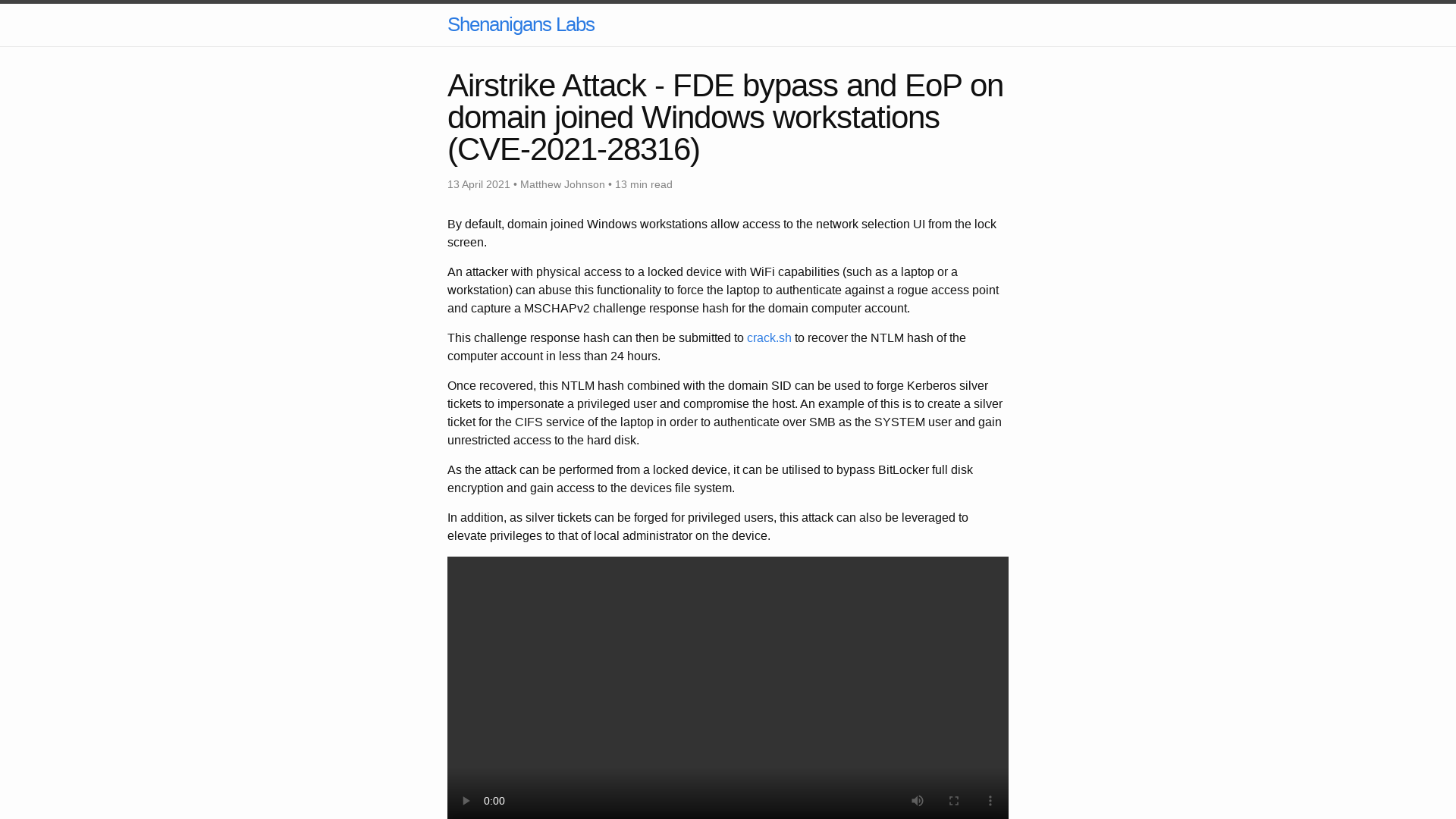 Airstrike Attack - FDE bypass and EoP on domain joined Windows workstations (CVE-2021-28316) | Shenanigans Labs
