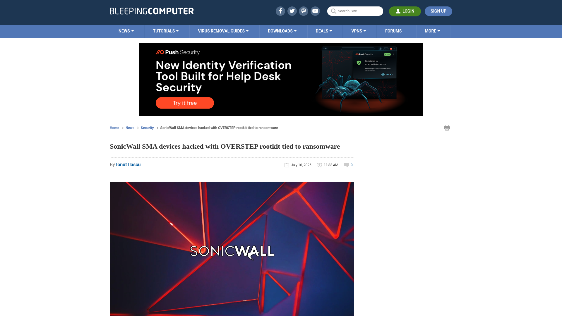 SonicWall SMA devices hacked with OVERSTEP rootkit tied to ransomware