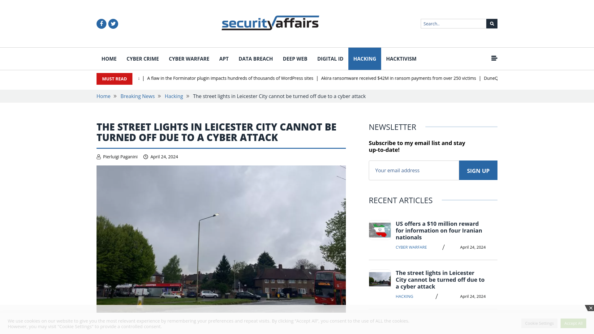 Street lights in Leicester City cannot be turned off due to a cyber attack