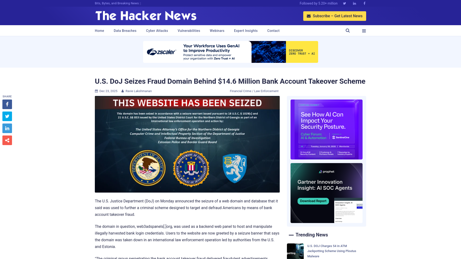 U.S. DoJ Seizes Fraud Domain Behind $14.6 Million Bank Account Takeover Scheme