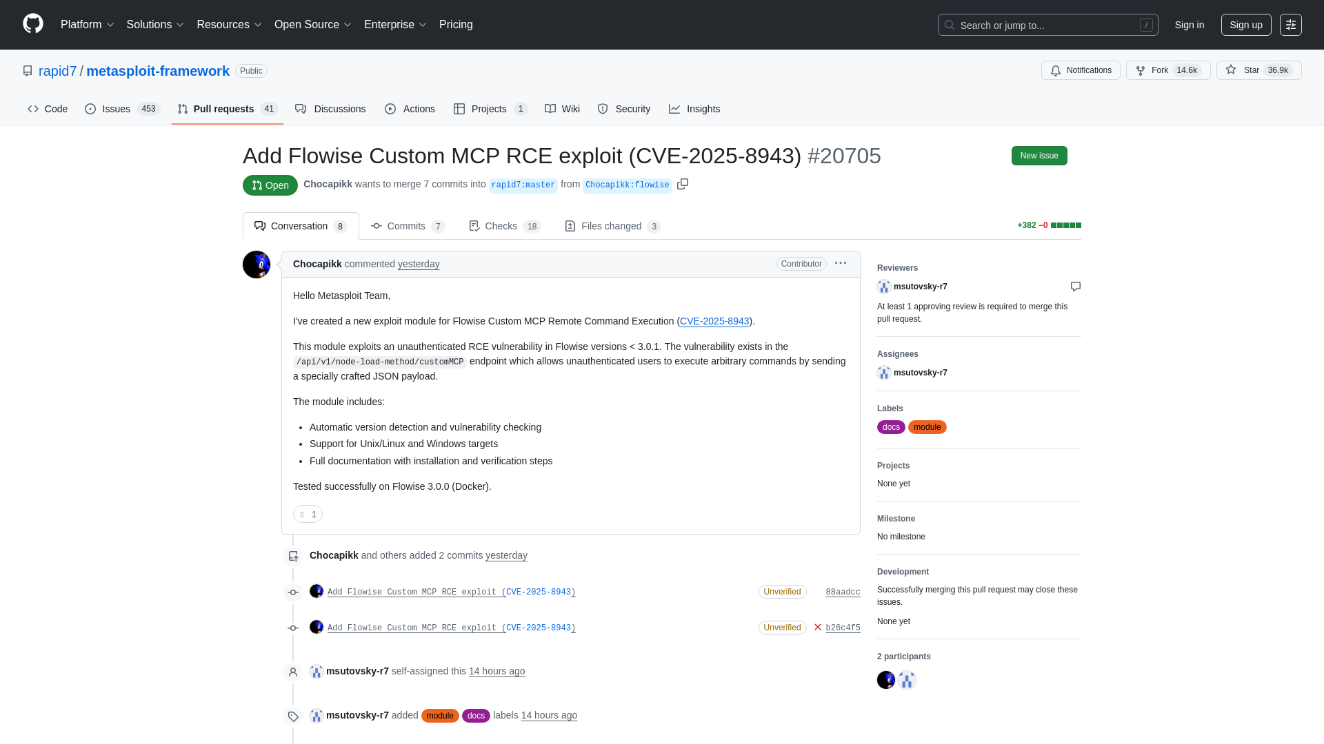 Add Flowise Custom MCP RCE exploit (CVE-2025-8943) by Chocapikk · Pull Request #20705 · rapid7/metasploit-framework · GitHub