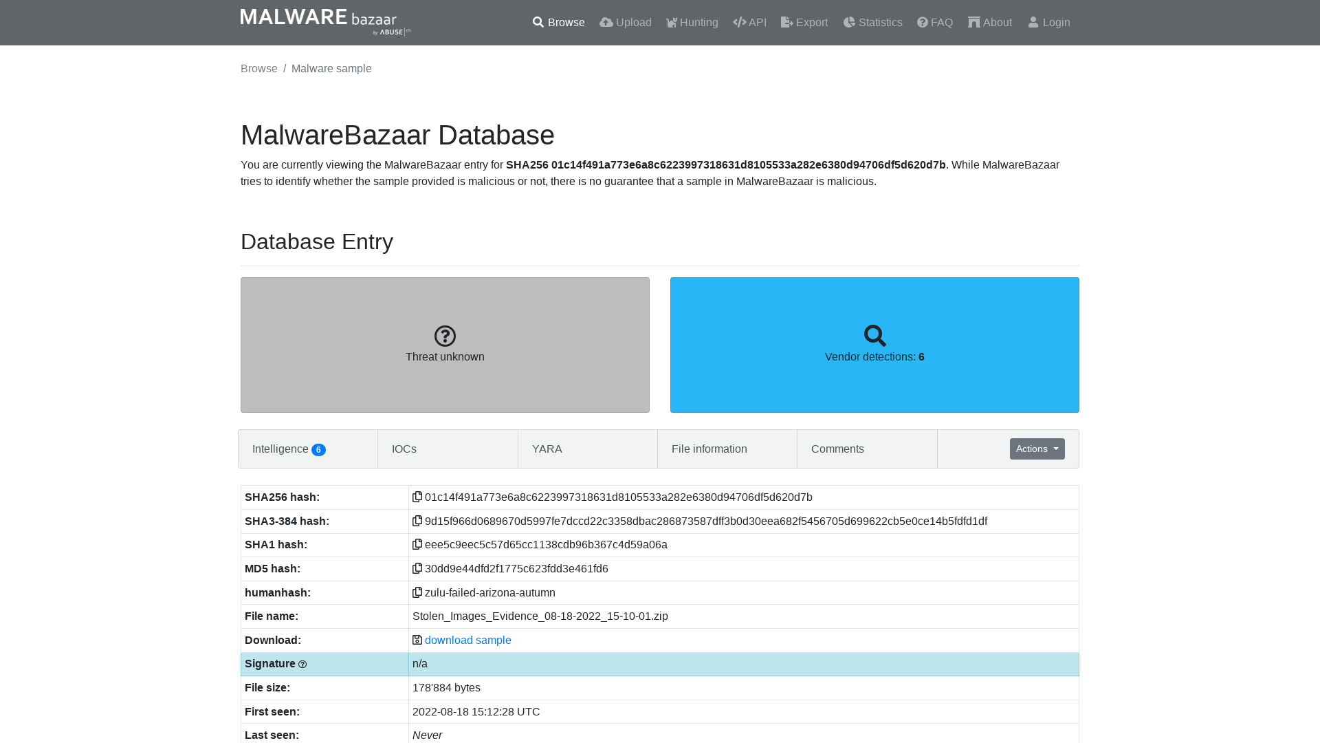 MalwareBazaar | SHA256 01c14f491a773e6a8c6223997318631d8105533a282e6380d94706df5d620d7b