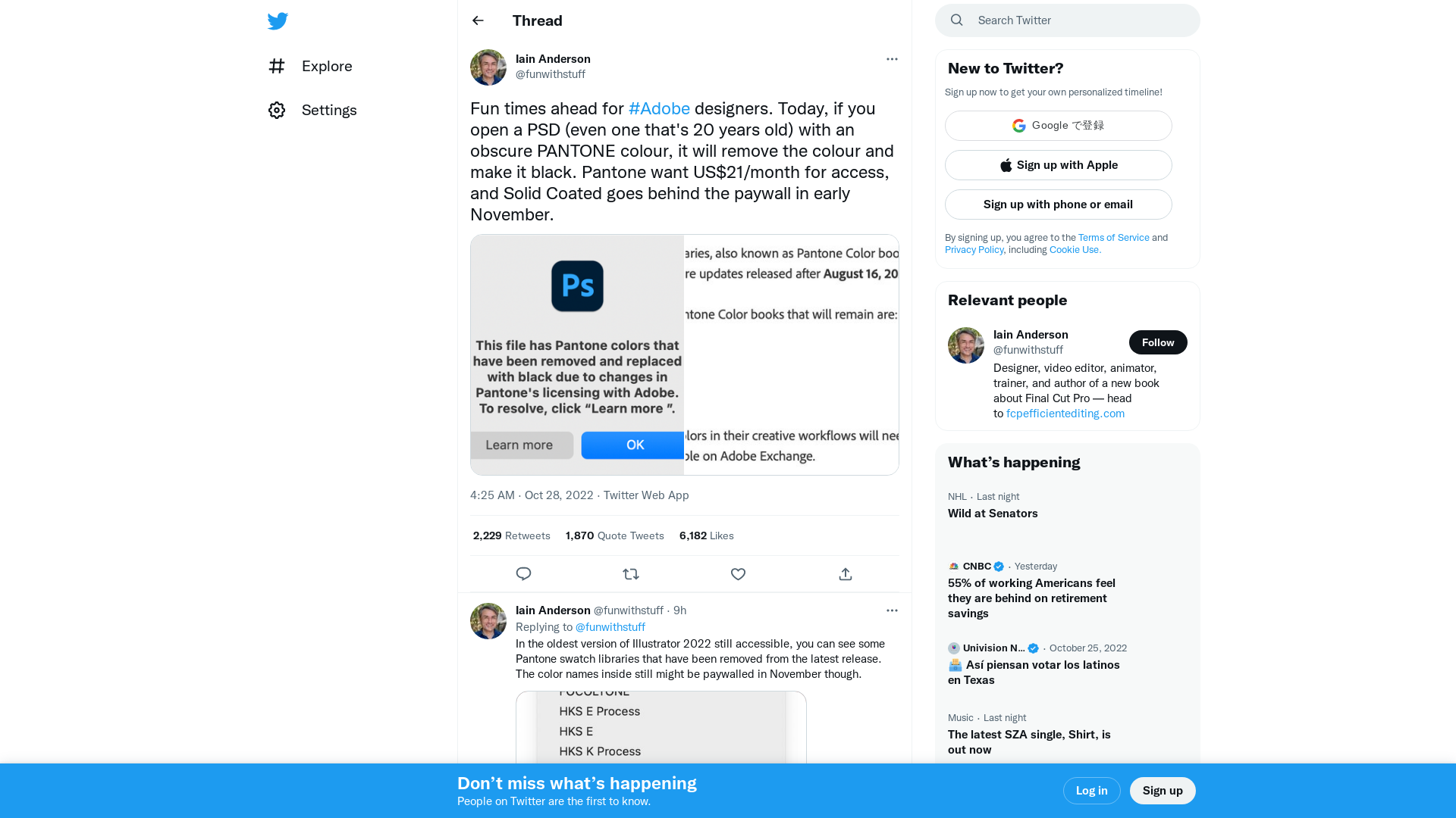 Iain Anderson on Twitter: "Fun times ahead for #Adobe designers. Today, if you open a PSD (even one that's 20 years old) with an obscure PANTONE colour, it will remove the colour and make it black. Pantone want US$21/month for access, and Solid Coated goes behind the paywall in early November. https://t.co/BUxzViYFaQ" / Twitter