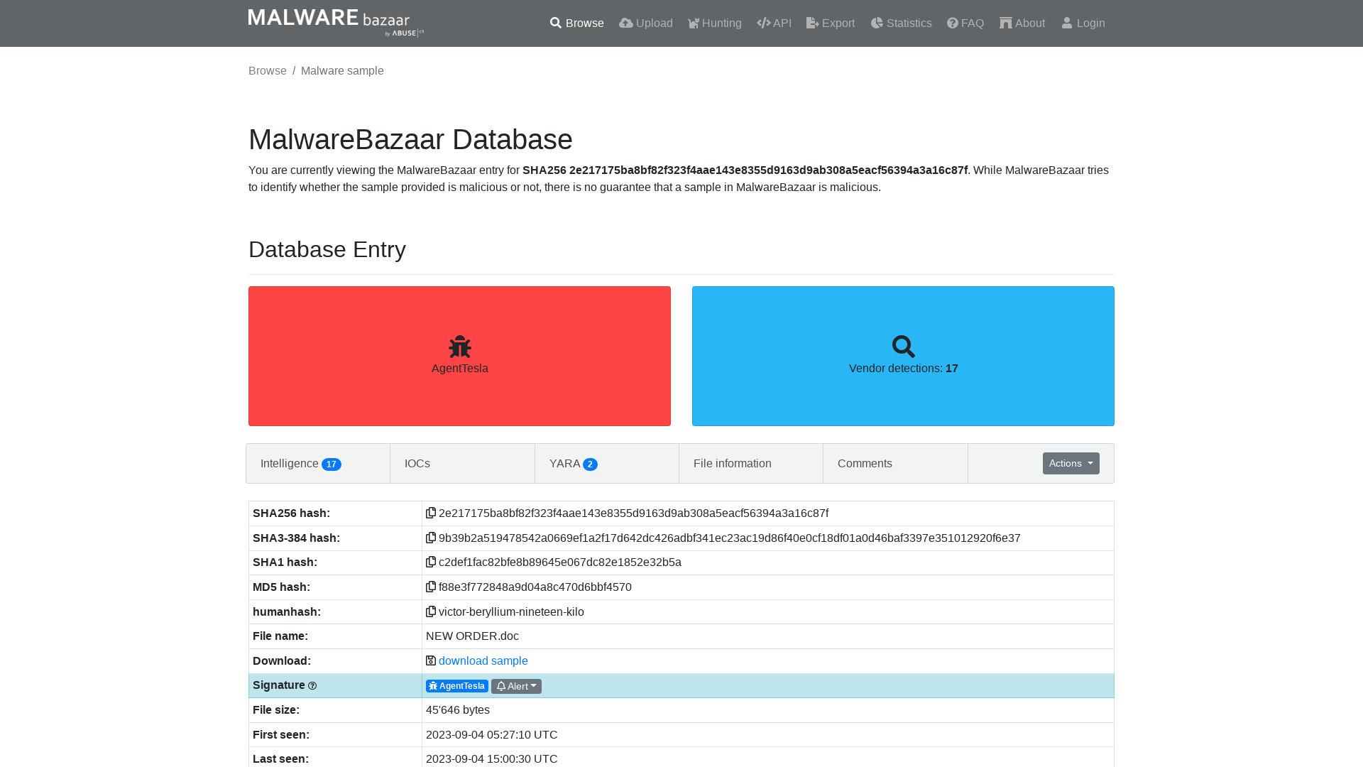 MalwareBazaar | SHA256 2e217175ba8bf82f323f4aae143e8355d9163d9ab308a5eacf56394a3a16c87f (AgentTesla)