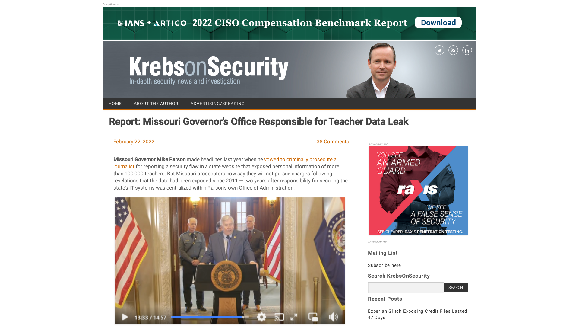 Report: Missouri Governor’s Office Responsible for Teacher Data Leak – Krebs on Security