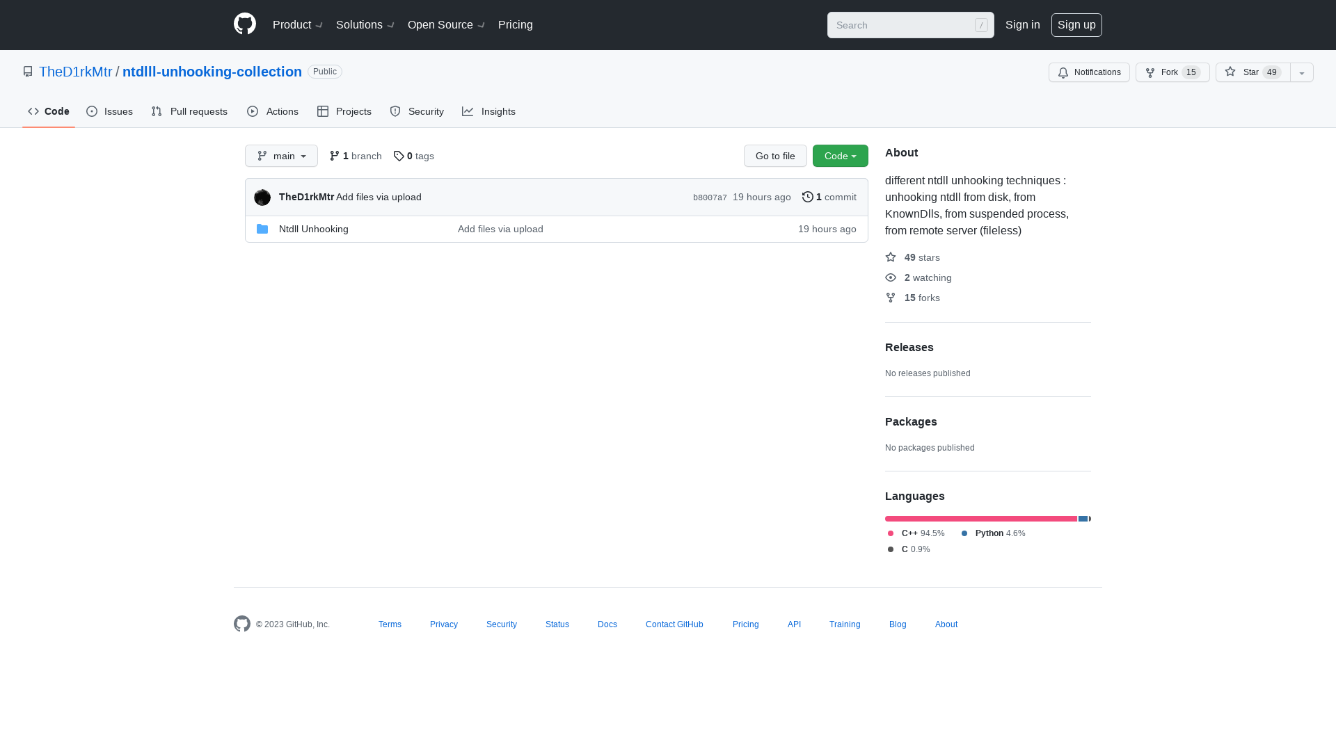 GitHub - TheD1rkMtr/ntdlll-unhooking-collection: different ntdll unhooking techniques : unhooking ntdll from disk, from KnownDlls, from suspended process, from remote server (fileless)