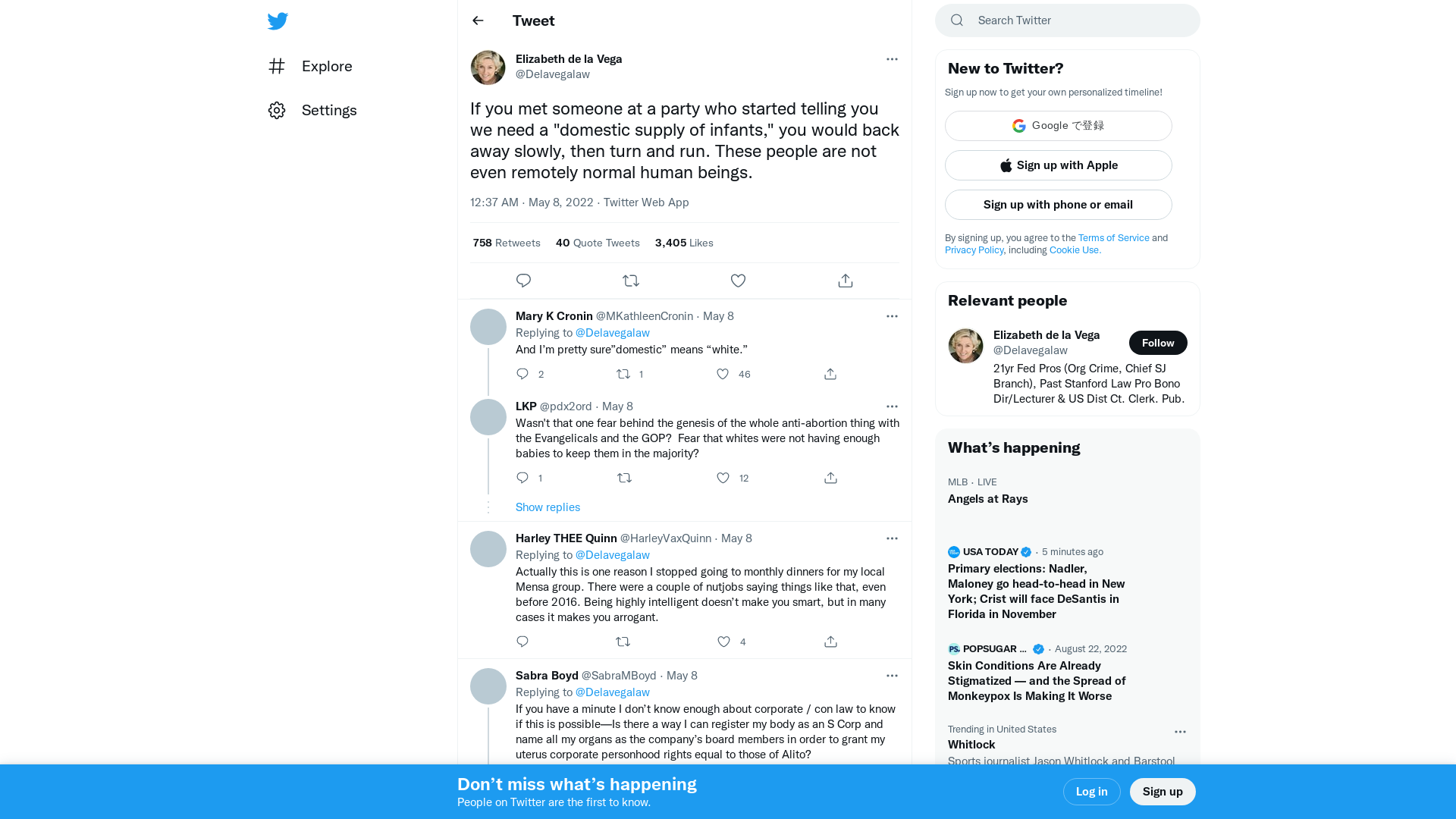 Elizabeth de la Vega on Twitter: "If you met someone at a party who started telling you we need a "domestic supply of infants," you would back away slowly, then turn and run. These people are not even remotely normal human beings." / Twitter