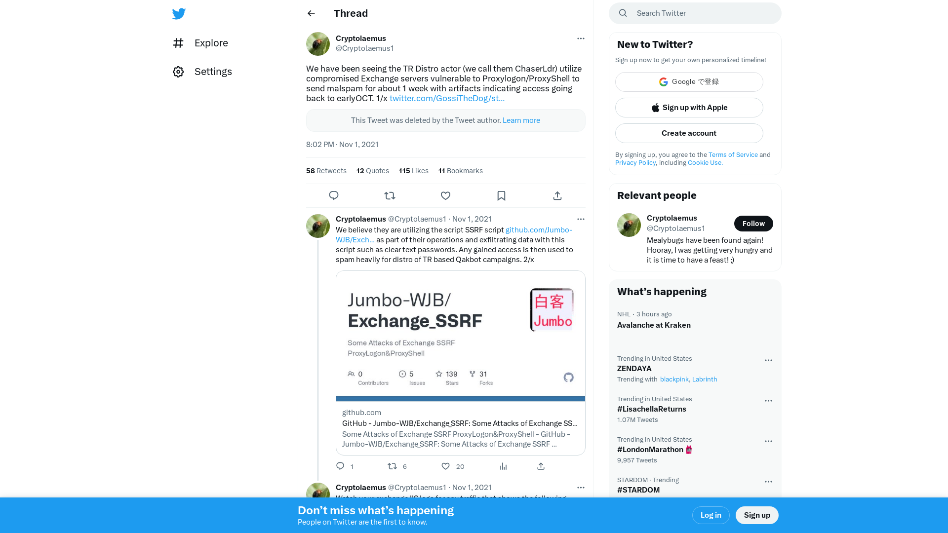 Cryptolaemus on Twitter: "We have been seeing the TR Distro actor (we call them ChaserLdr) utilize compromised Exchange servers vulnerable to Proxylogon/ProxyShell to send malspam for about 1 week with artifacts indicating access going back to earlyOCT. 1/x" / Twitter