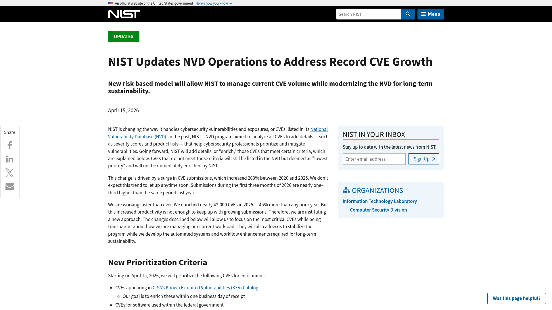 NIST Updates NVD Operations to Address Record CVE Growth | NIST