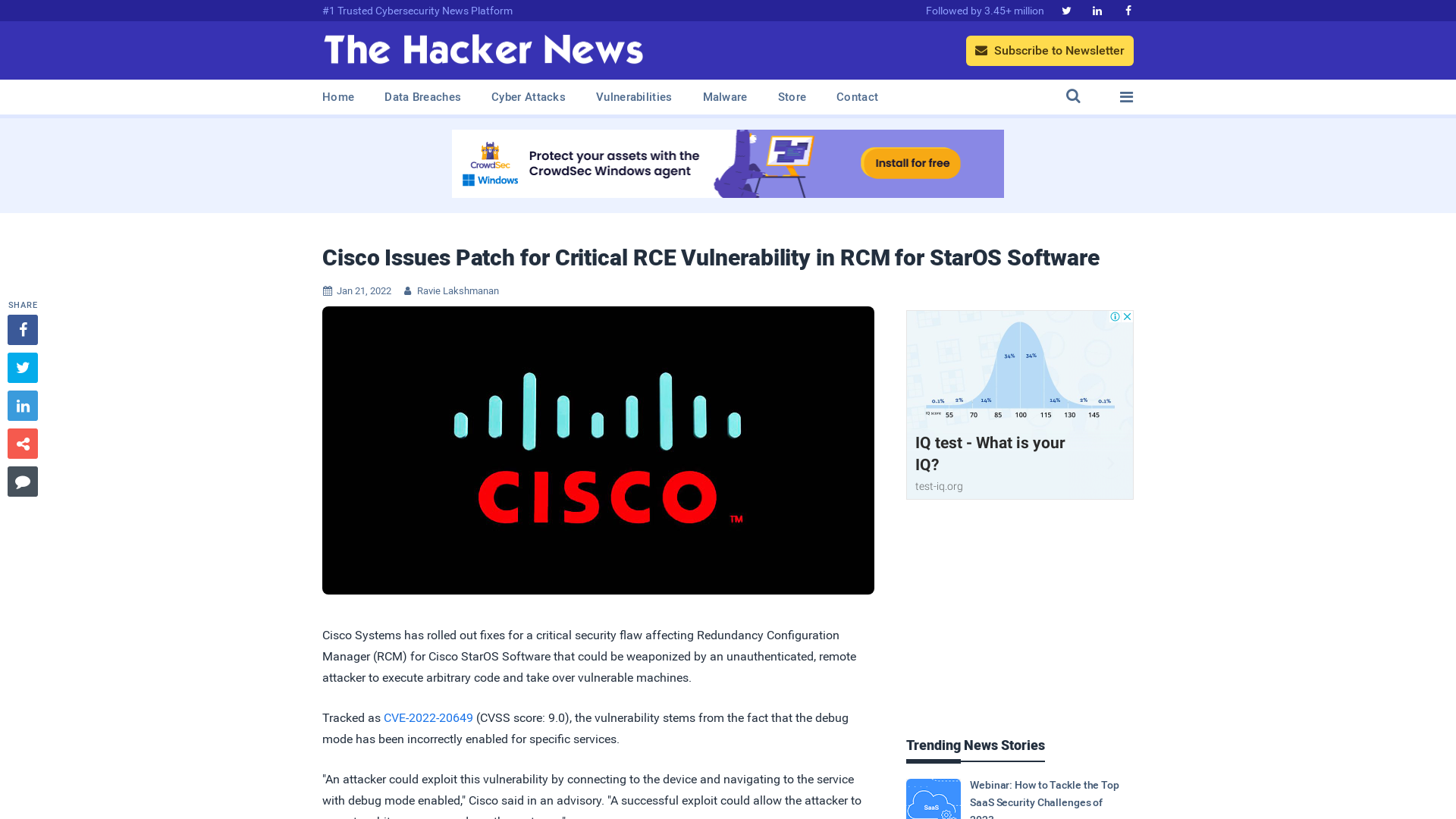 Cisco Issues Patch for Critical RCE Vulnerability in RCM for StarOS Software