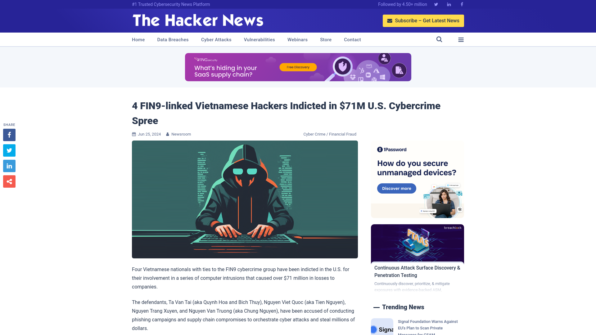 4 FIN9-linked Vietnamese Hackers Indicted in $71M U.S. Cybercrime Spree